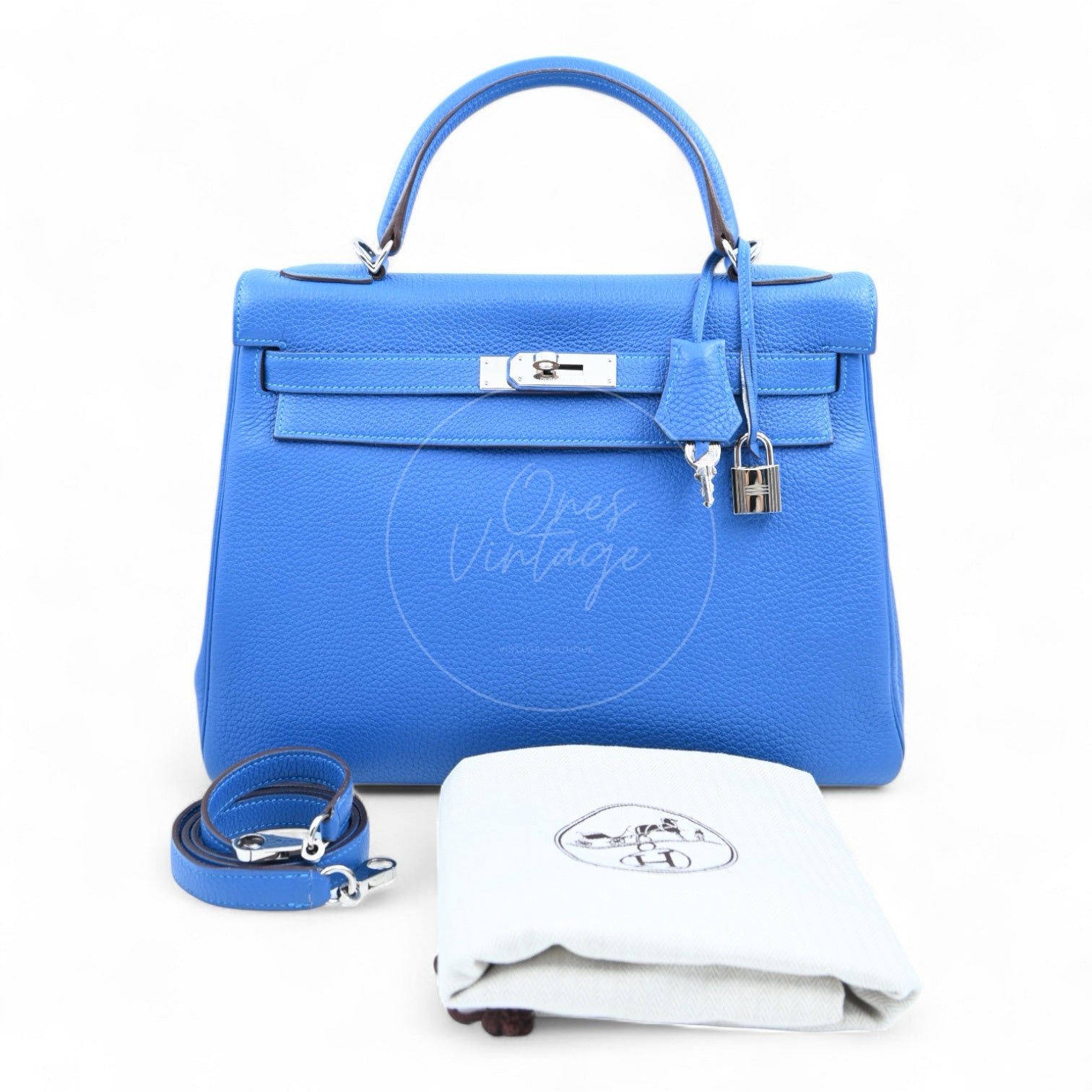 [Pre-owned] Hermes Kelly 32 Togo Bleu Zellige Stamp Square O Handbag