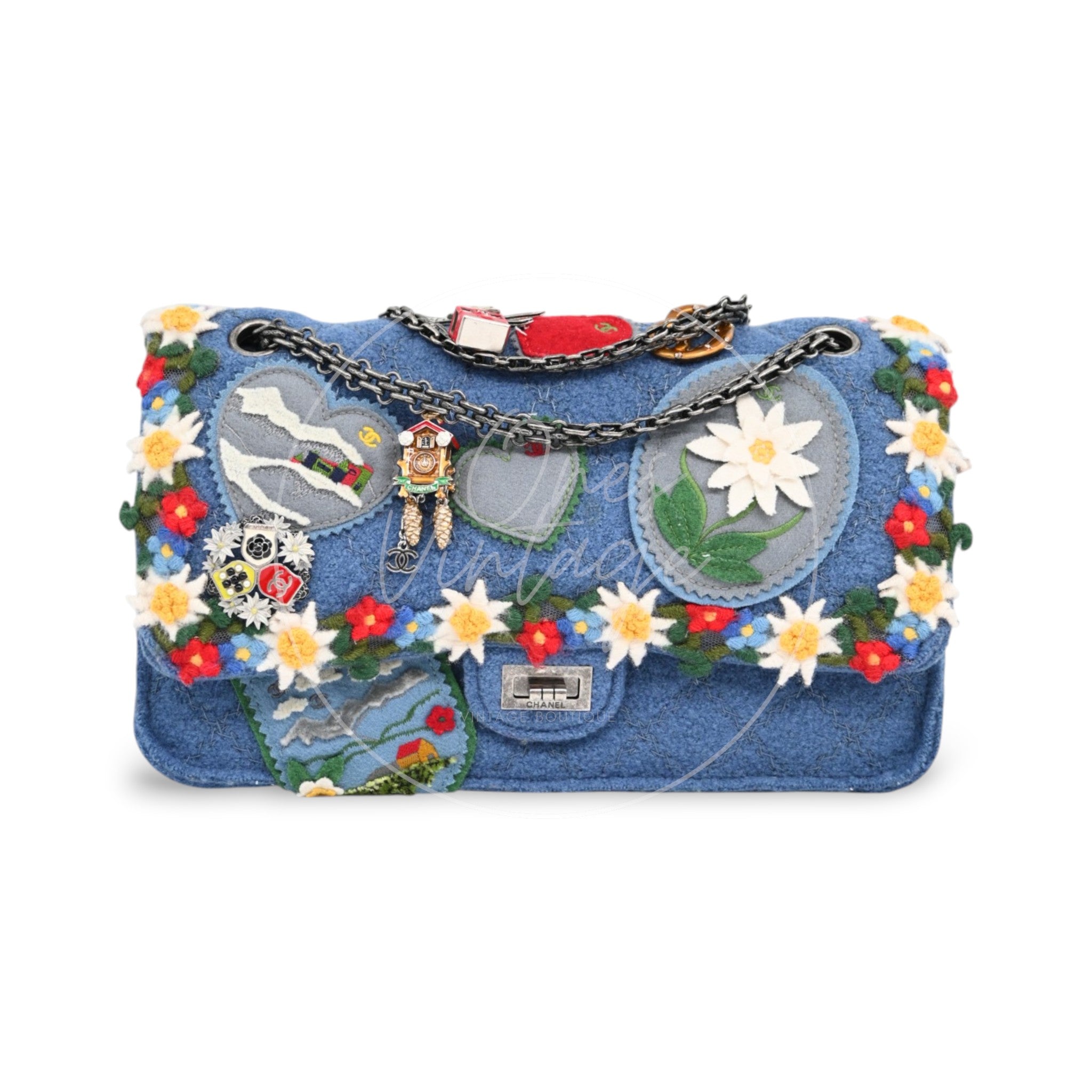 [Pre-owned] Chanel Blue Fabric Paris-Salzburg Crest Austrian Embroidered Flap Bag