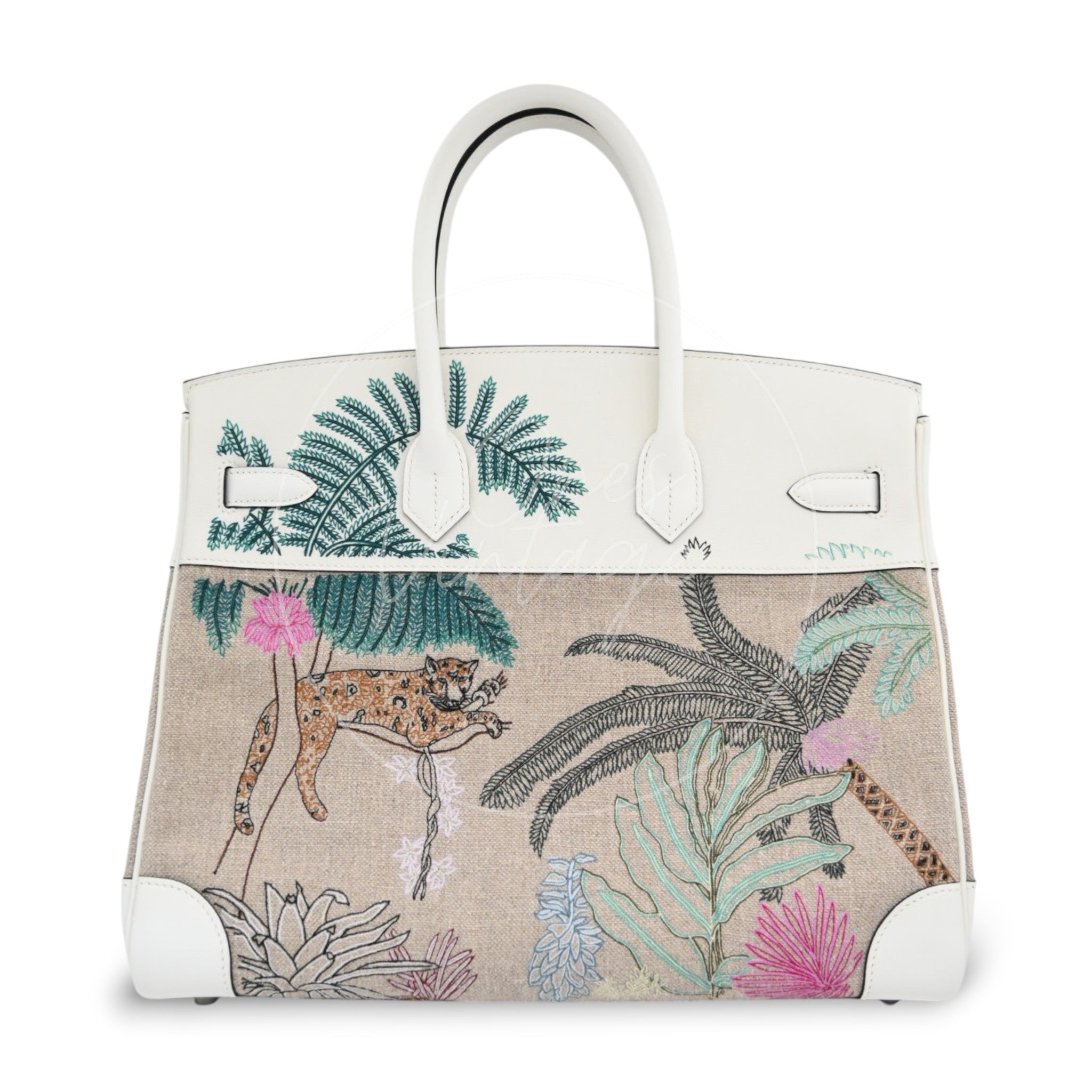 Hermes Birkin 35 Faubourg Tropical Embroidered Toile de Camp Swift PHW White Stamp U
