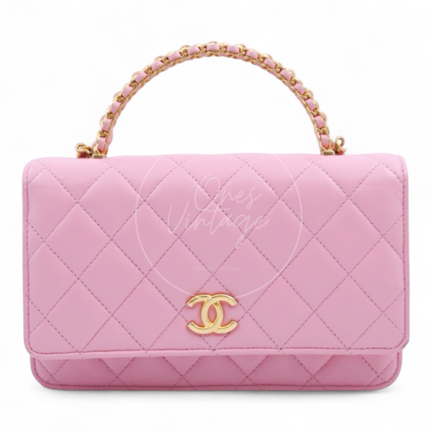 [Pre-owned] Chanel Lambskin Quilted Wallet On Chain WOC Light Pink