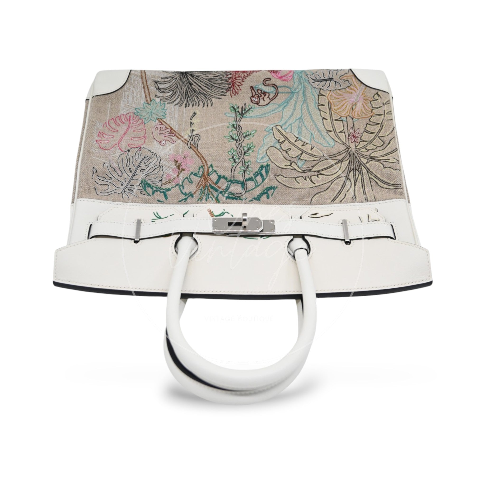 Hermes Birkin 35 Faubourg Tropical Embroidered Toile de Camp Swift PHW White Stamp U