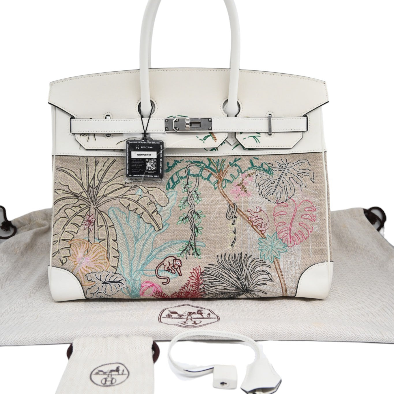 Hermes Birkin 35 Faubourg Tropical Embroidered Toile de Camp Swift PHW White Stamp U
