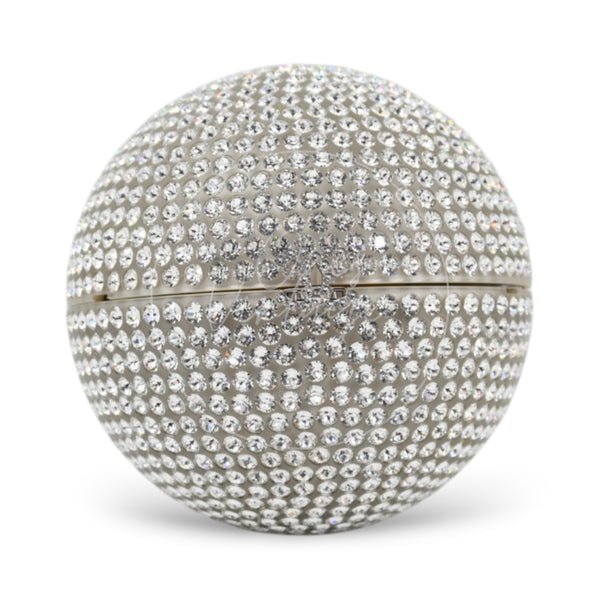 Chanel runway round crystal-ball evening bag in silver-tone metal, 2018, front view of crystal-covered sphere