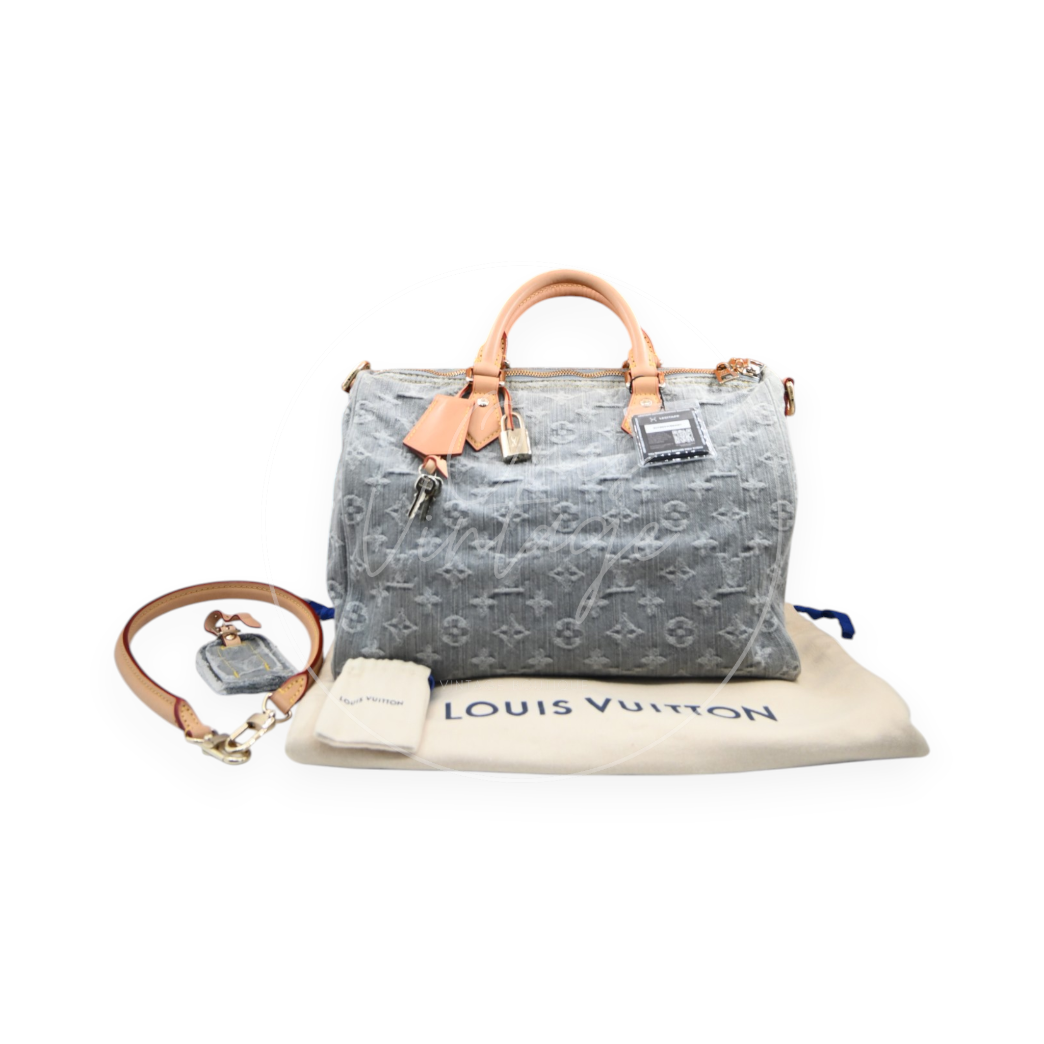 [Pre-owned] Louis Vuitton Monogram Denim Speedy Soft 30 Washed Gray