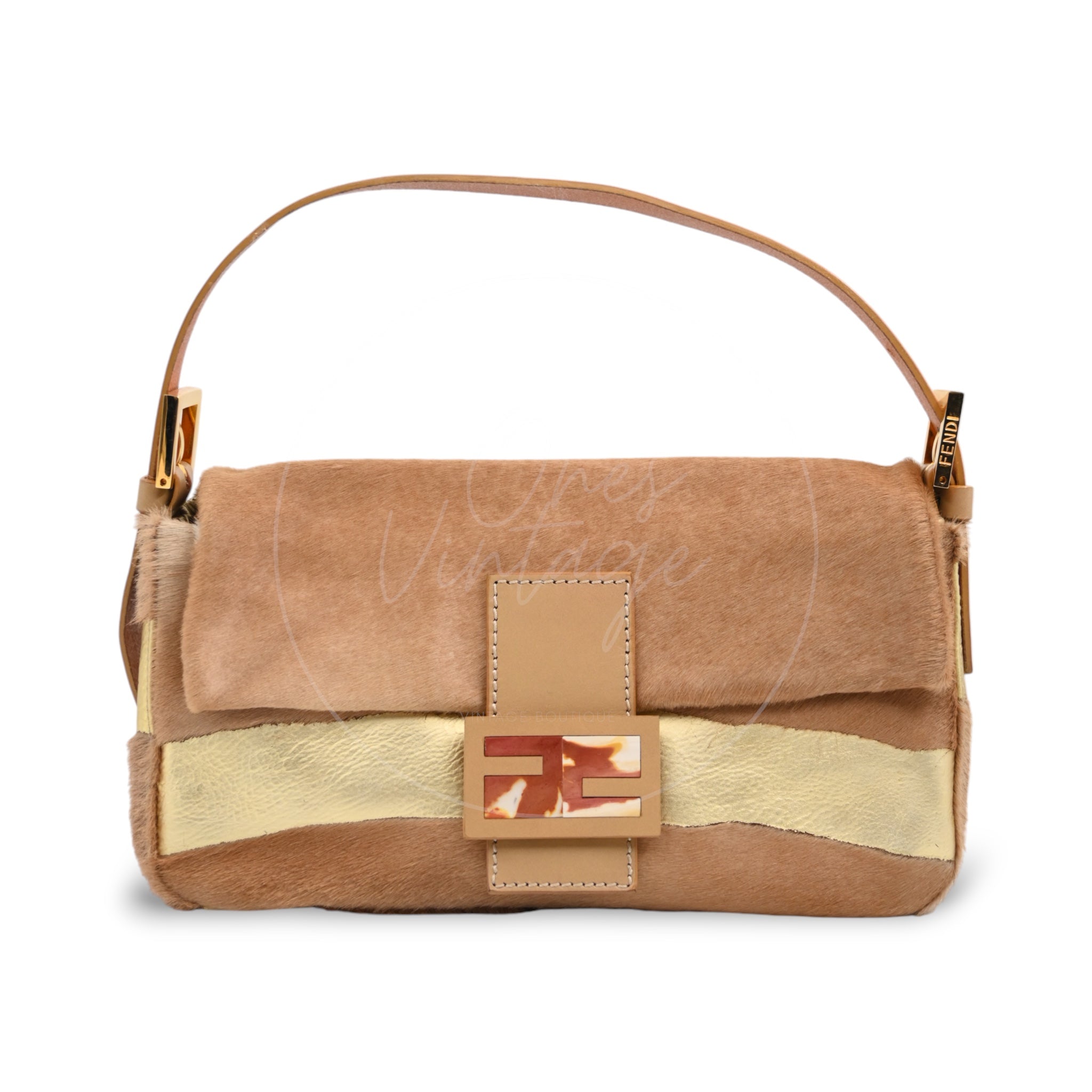[Pre-owned] Fendi Brown & Gold Pony Hair Baguette Shoulder Bag