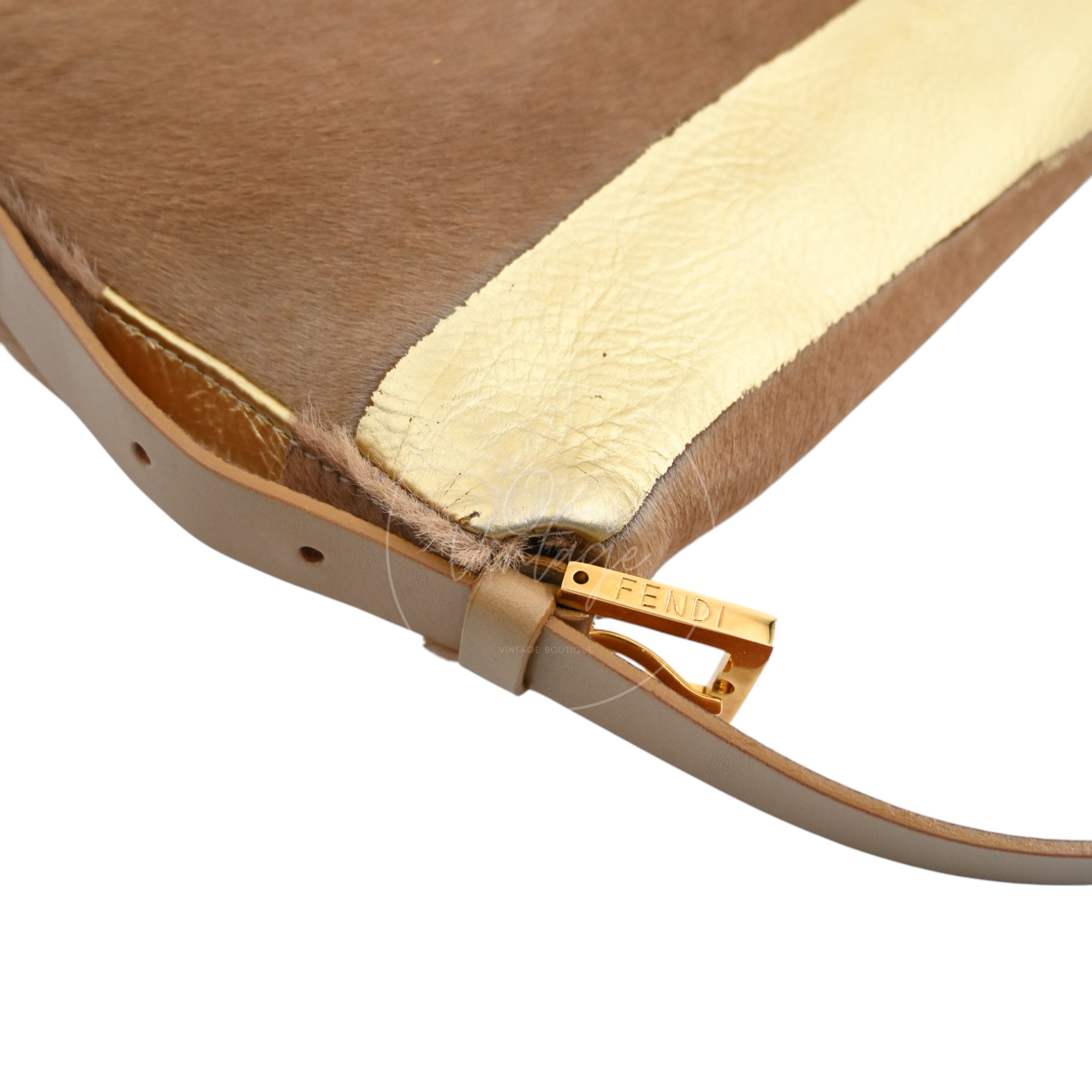 [Pre-owned] Fendi Brown & Gold Pony Hair Baguette Shoulder Bag