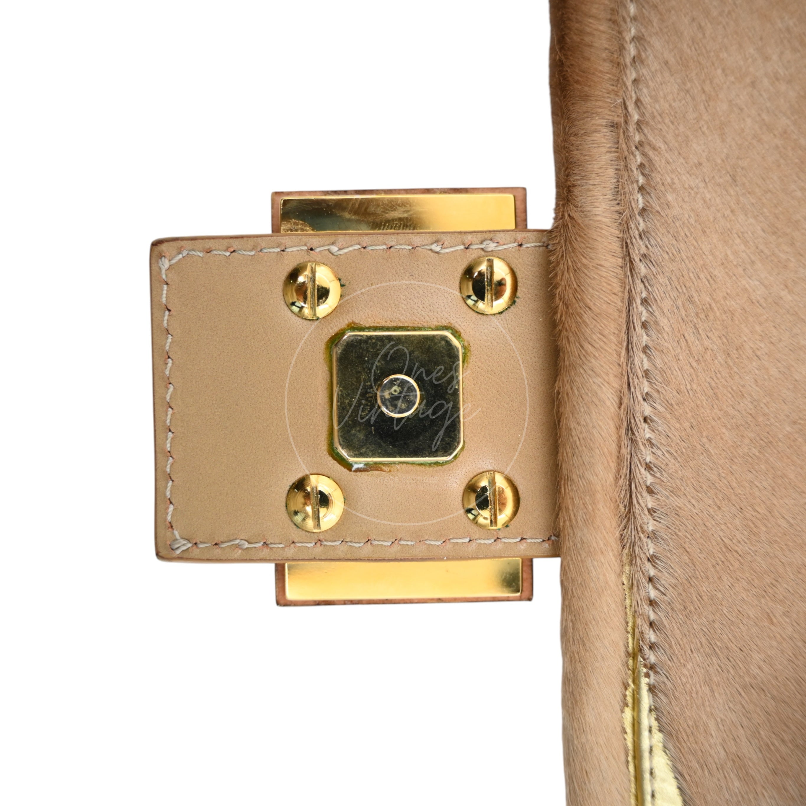 [Pre-owned] Fendi Brown & Gold Pony Hair Baguette Shoulder Bag