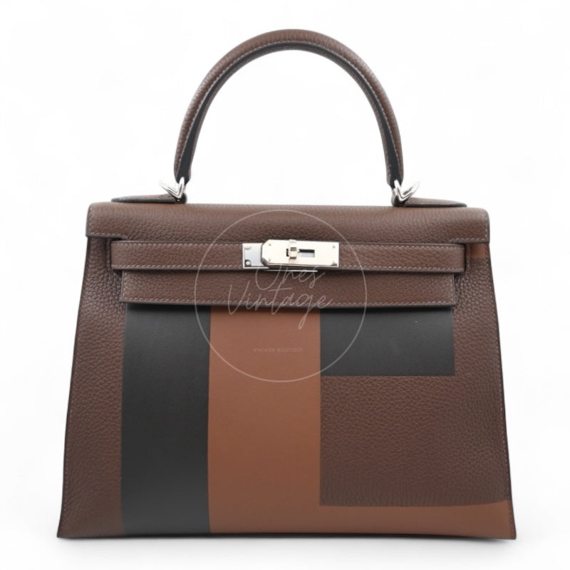[Per-Owned] Hermes Kelly 28 PHW Vert Bronze and Brulée Sombrero Stamp D