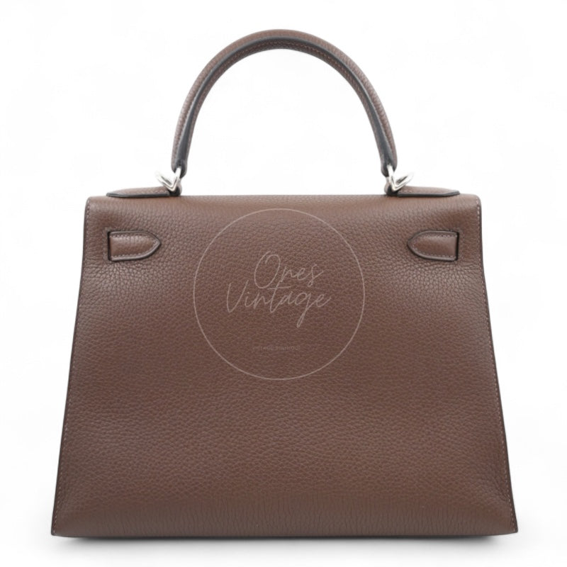 [Per-Owned] Hermes Kelly 28 PHW Vert Bronze and Brulée Sombrero Stamp D