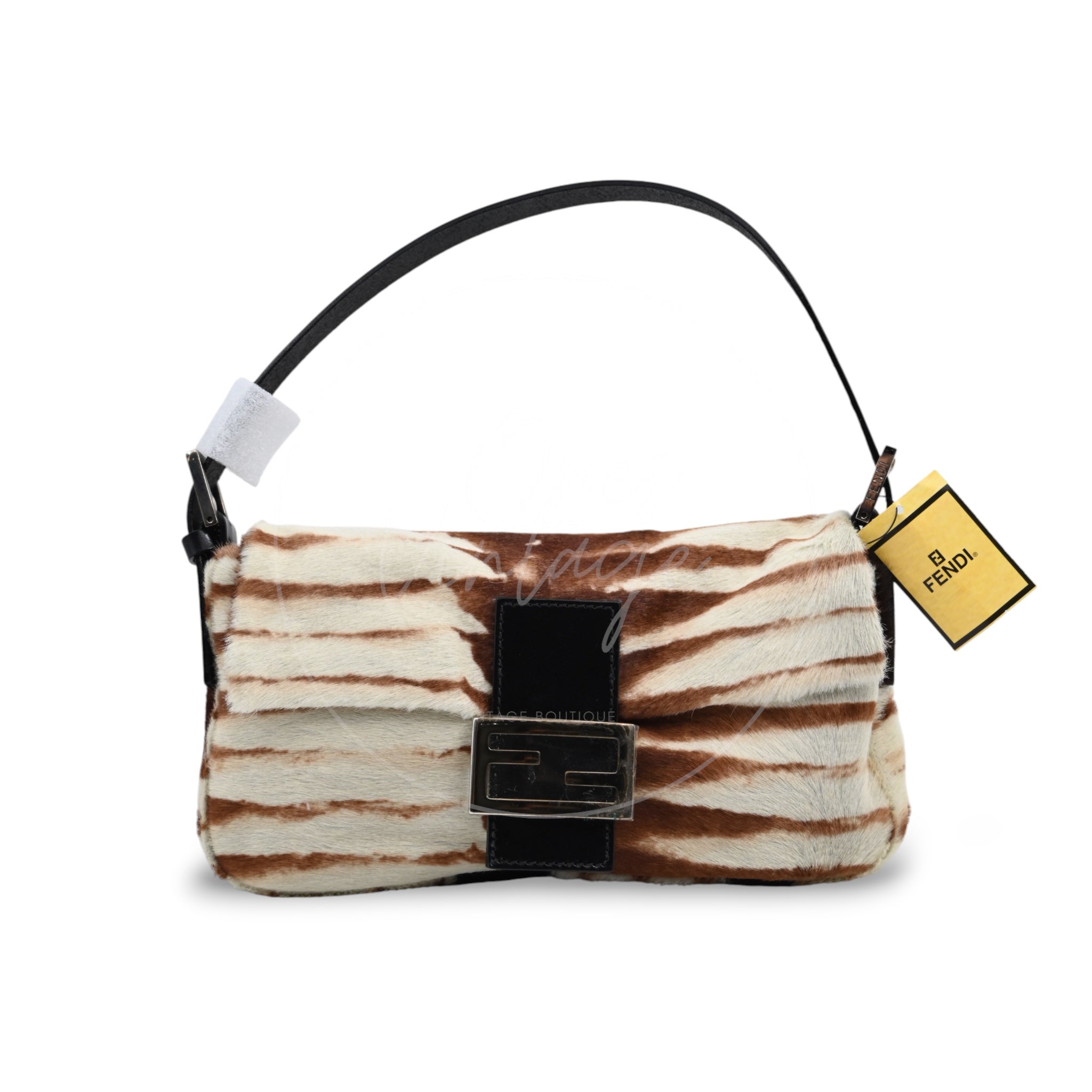 [Pre-owned] Fendi Animal Print Pony Hair Baguette Brown White Bag
