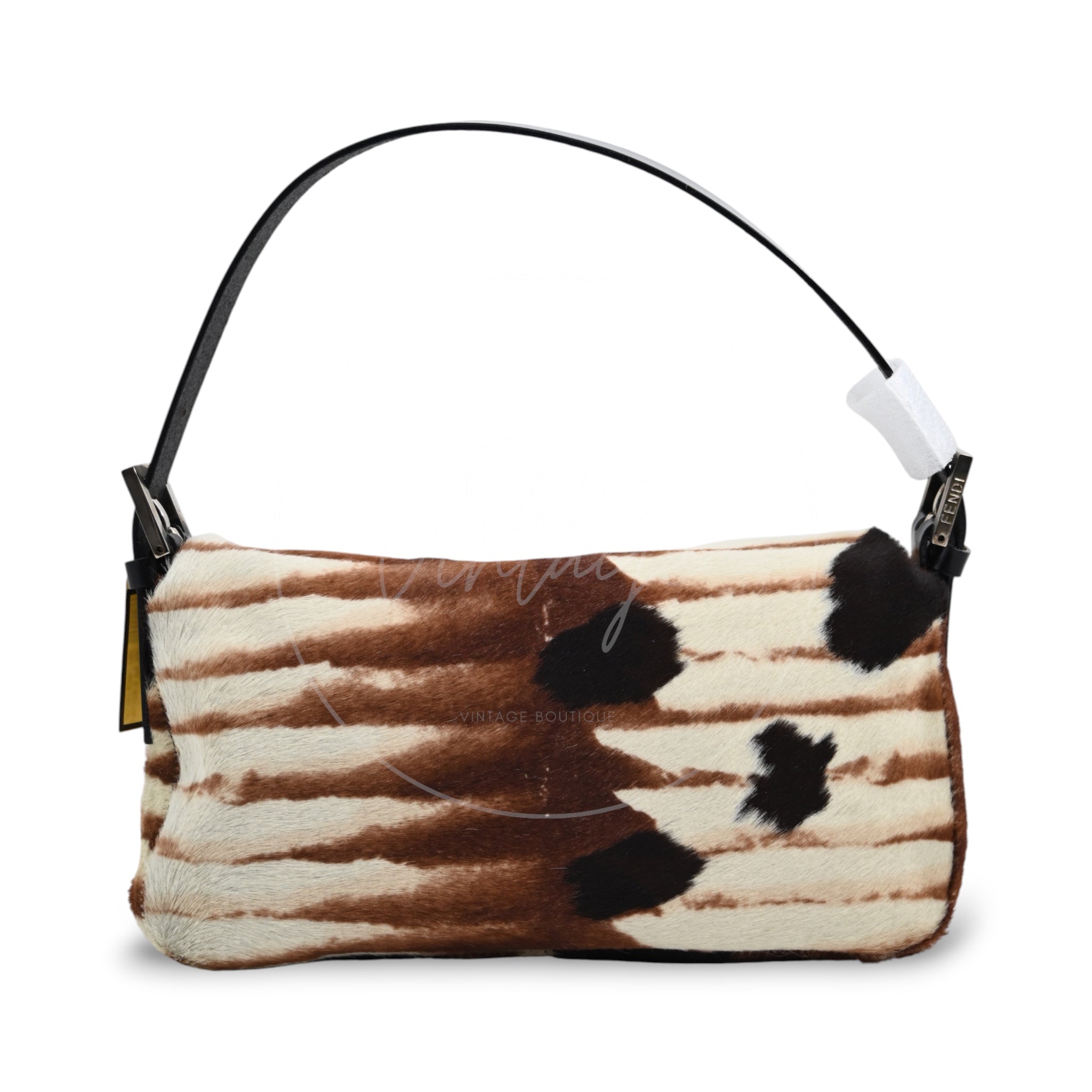 [Pre-owned] Fendi Animal Print Pony Hair Baguette Brown White Bag