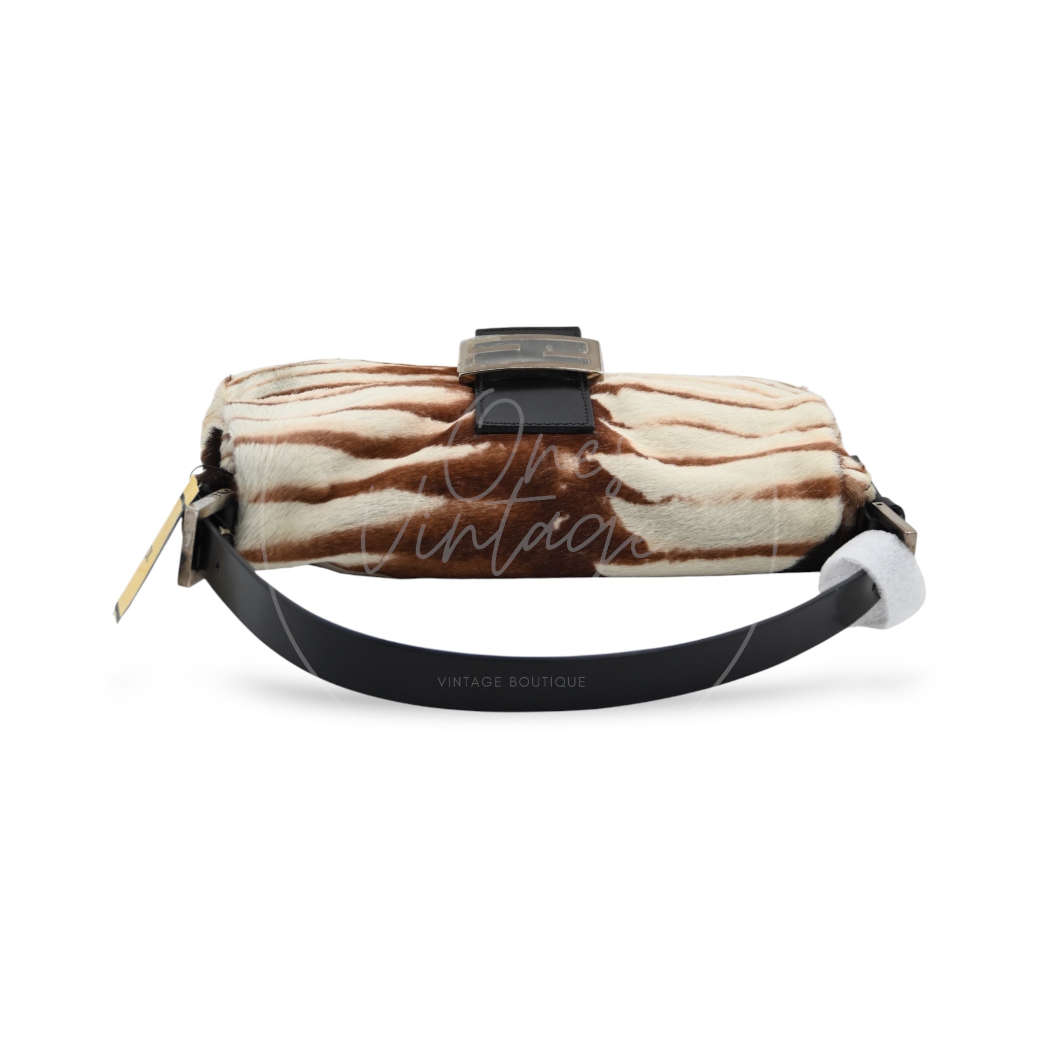 [Pre-owned] Fendi Animal Print Pony Hair Baguette Brown White Bag