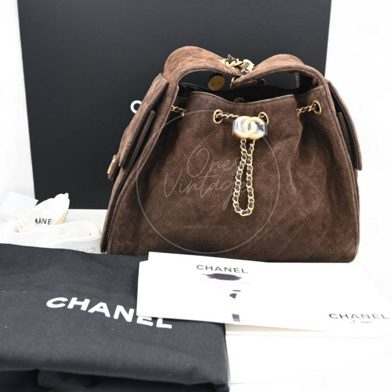 [Unused] Chanel 25 Suede Calfskin & Gold-tone Metal Dark Brown Small Handbag