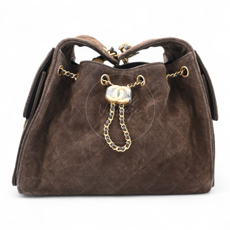 [Unused] Chanel 25 Suede Calfskin & Gold-tone Metal Dark Brown Small Handbag