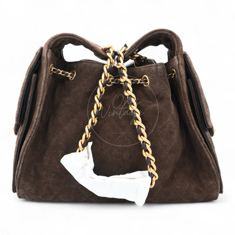 [Unused] Chanel 25 Suede Calfskin & Gold-tone Metal Dark Brown Small Handbag