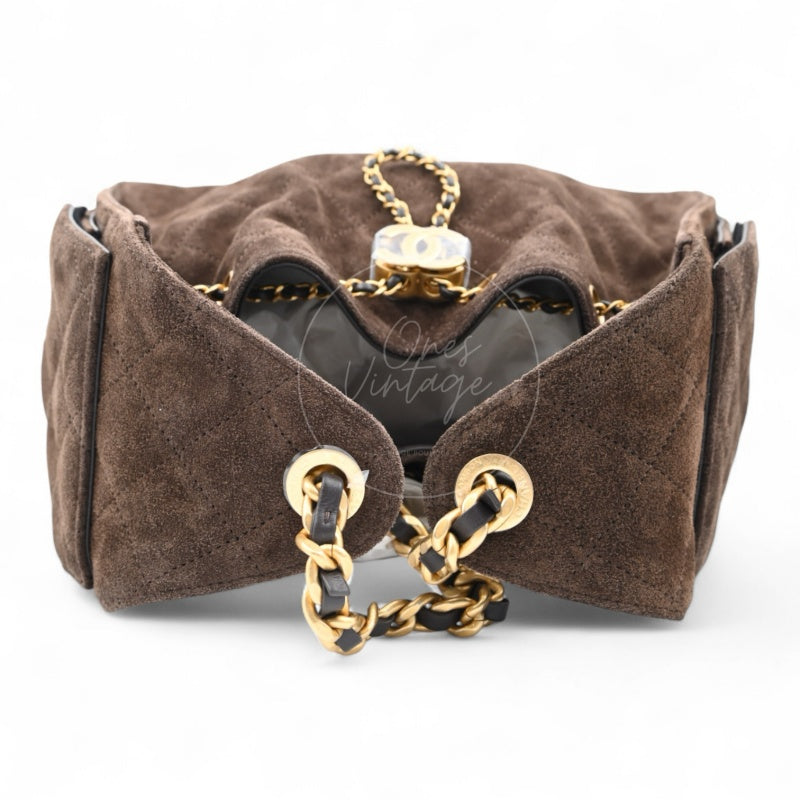 [Unused] Chanel 25 Suede Calfskin & Gold-tone Metal Dark Brown Small Handbag
