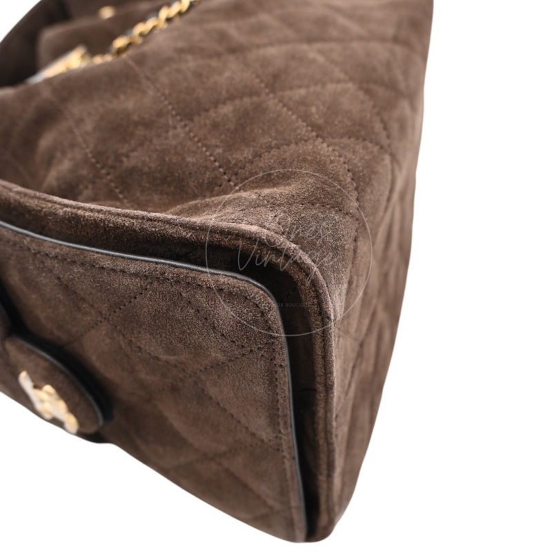 [Unused] Chanel 25 Suede Calfskin & Gold-tone Metal Dark Brown Small Handbag