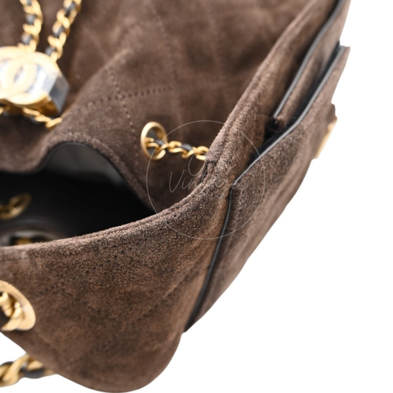 [Unused] Chanel 25 Suede Calfskin & Gold-tone Metal Dark Brown Small Handbag