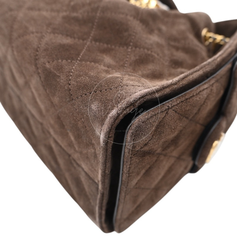 [Unused] Chanel 25 Suede Calfskin & Gold-tone Metal Dark Brown Small Handbag