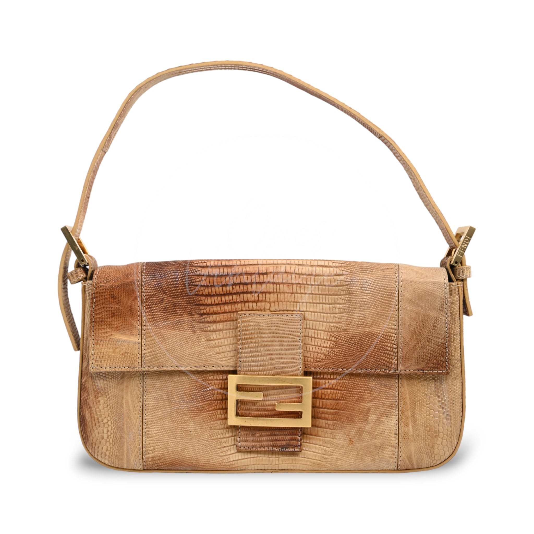 [Pre-owned] Fendi Lizard Baguette Brown & Beige GHW