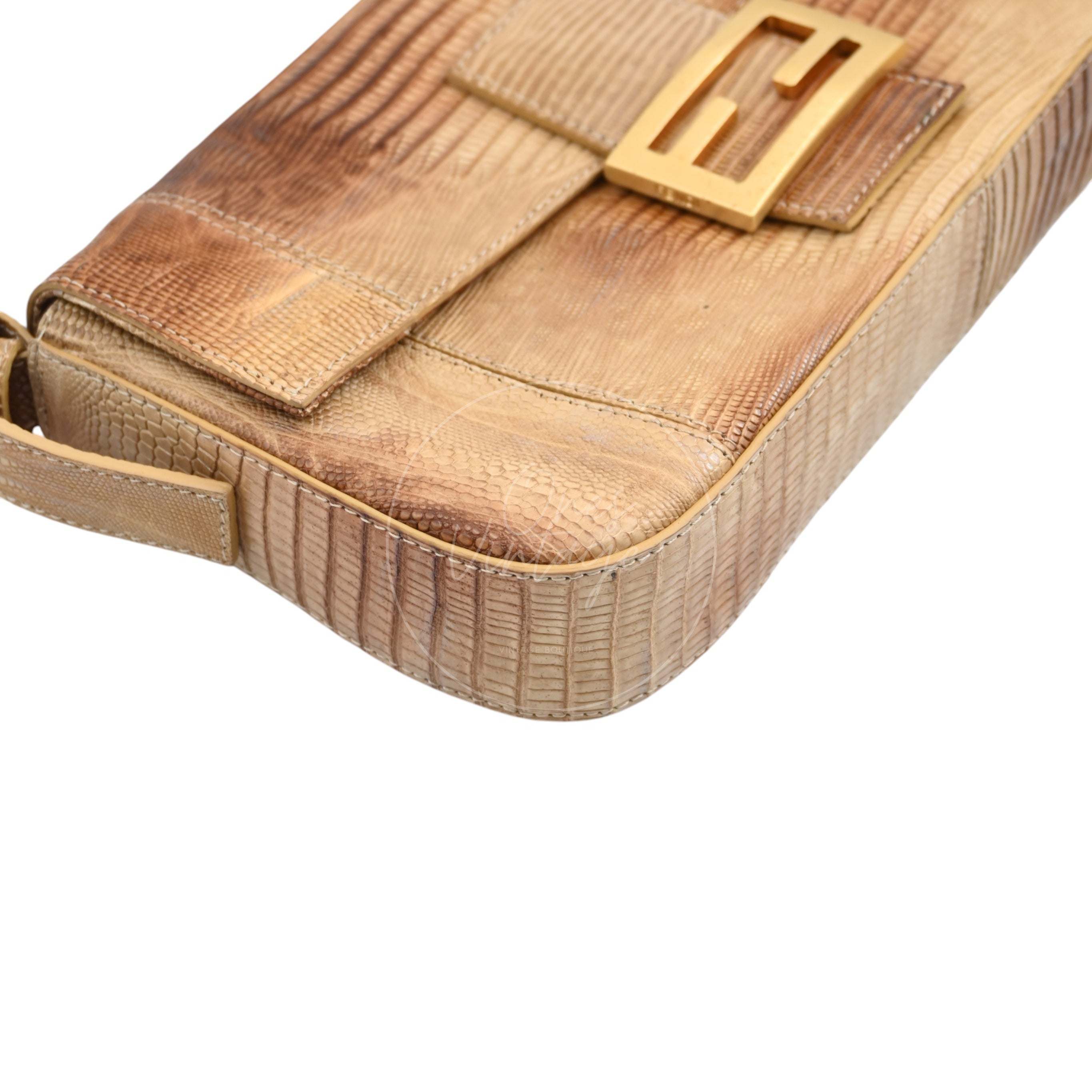 [Pre-owned] Fendi Lizard Baguette Brown & Beige GHW