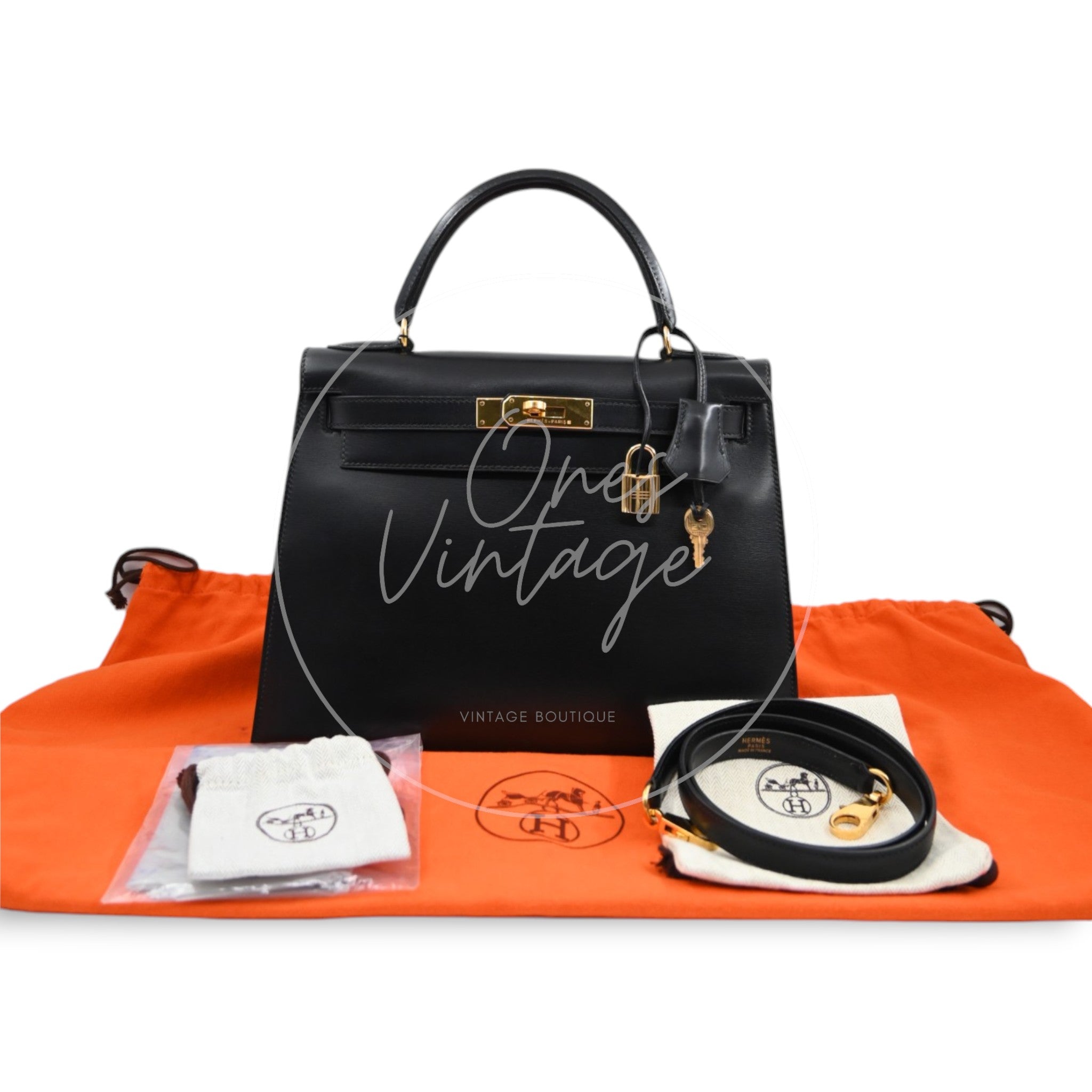 [Pre-owned] Hermes Kelly 28 GHW Black Box Leather Circle X
