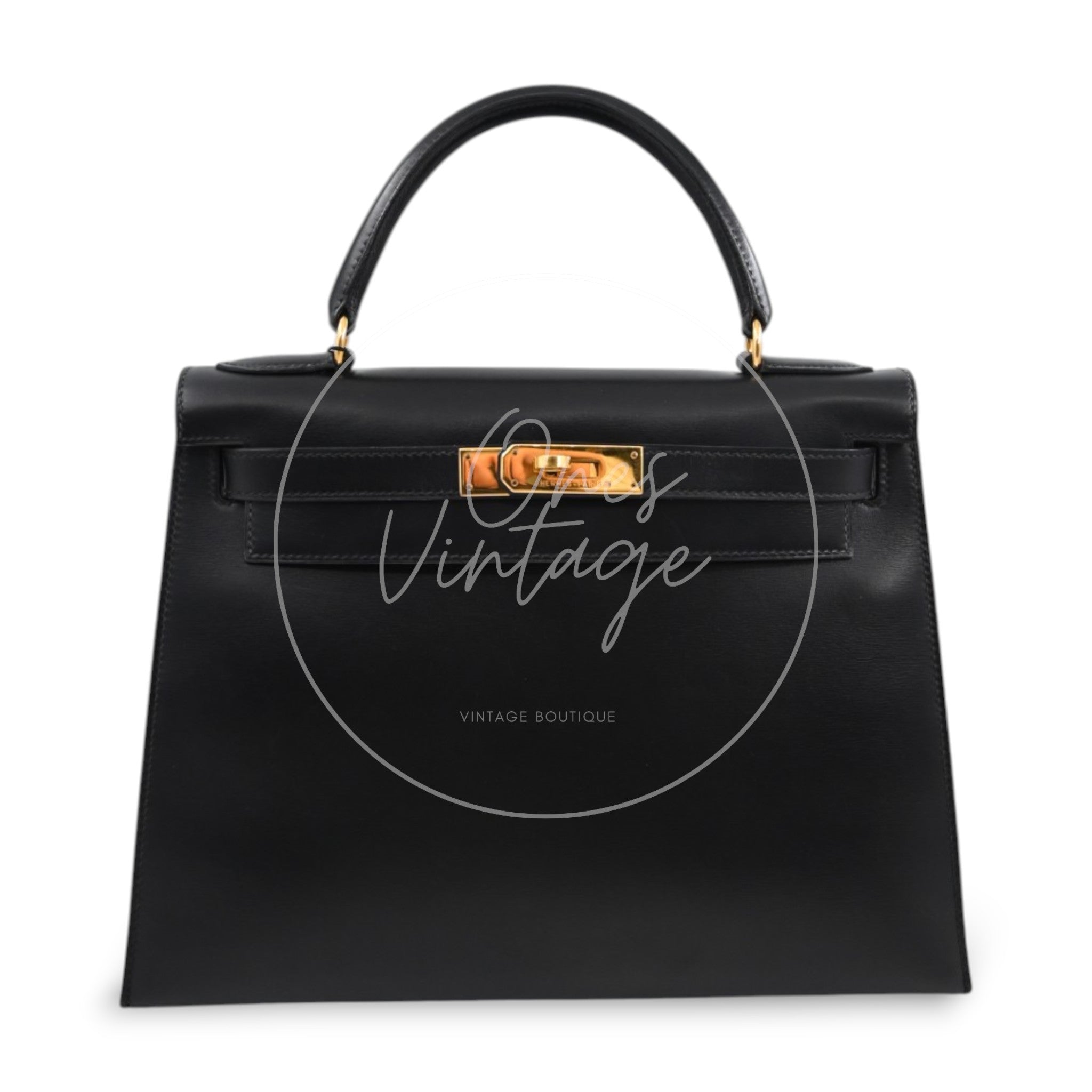[Pre-owned] Hermes Kelly 28 GHW Black Box Leather Circle X