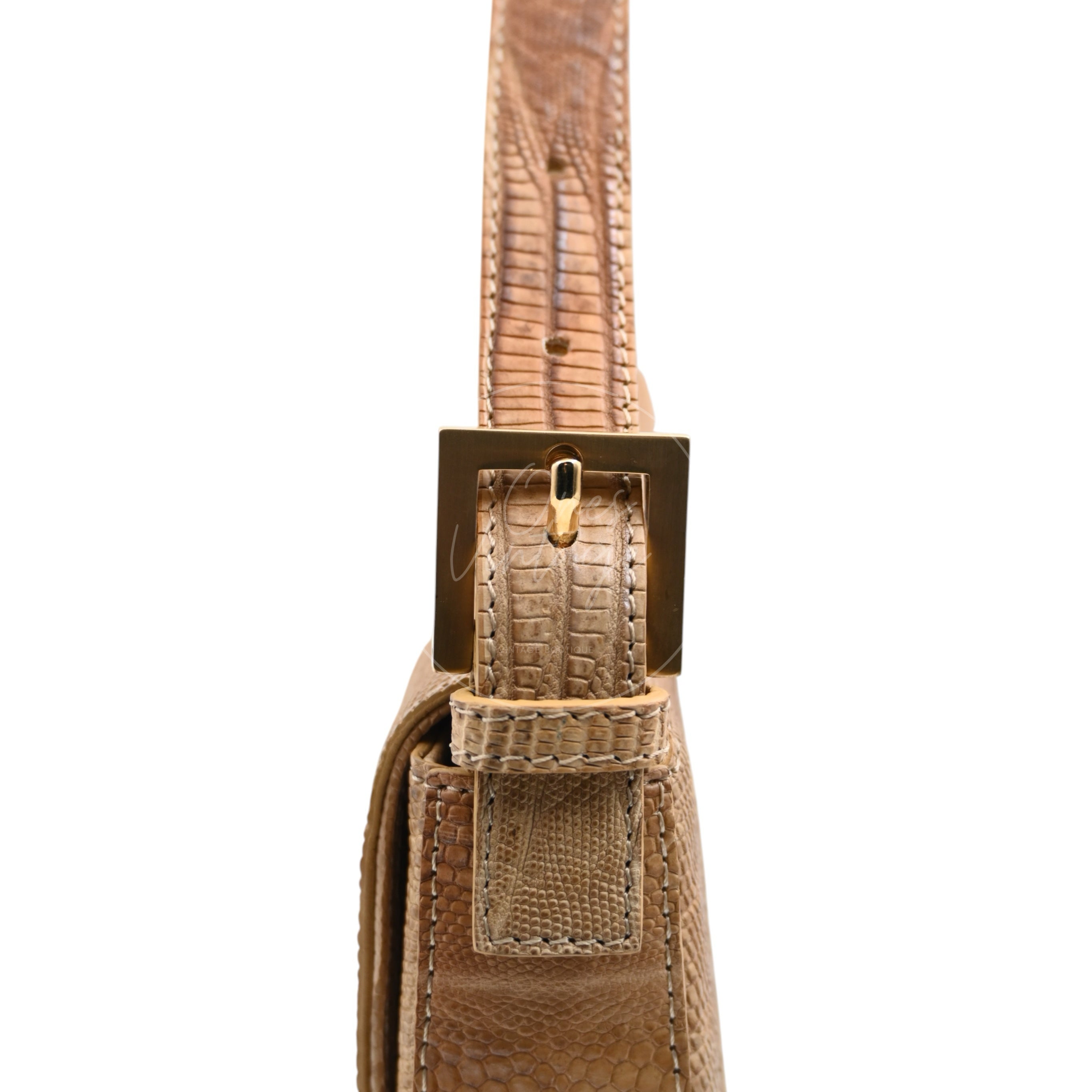 [Pre-owned] Fendi Lizard Baguette Brown & Beige GHW