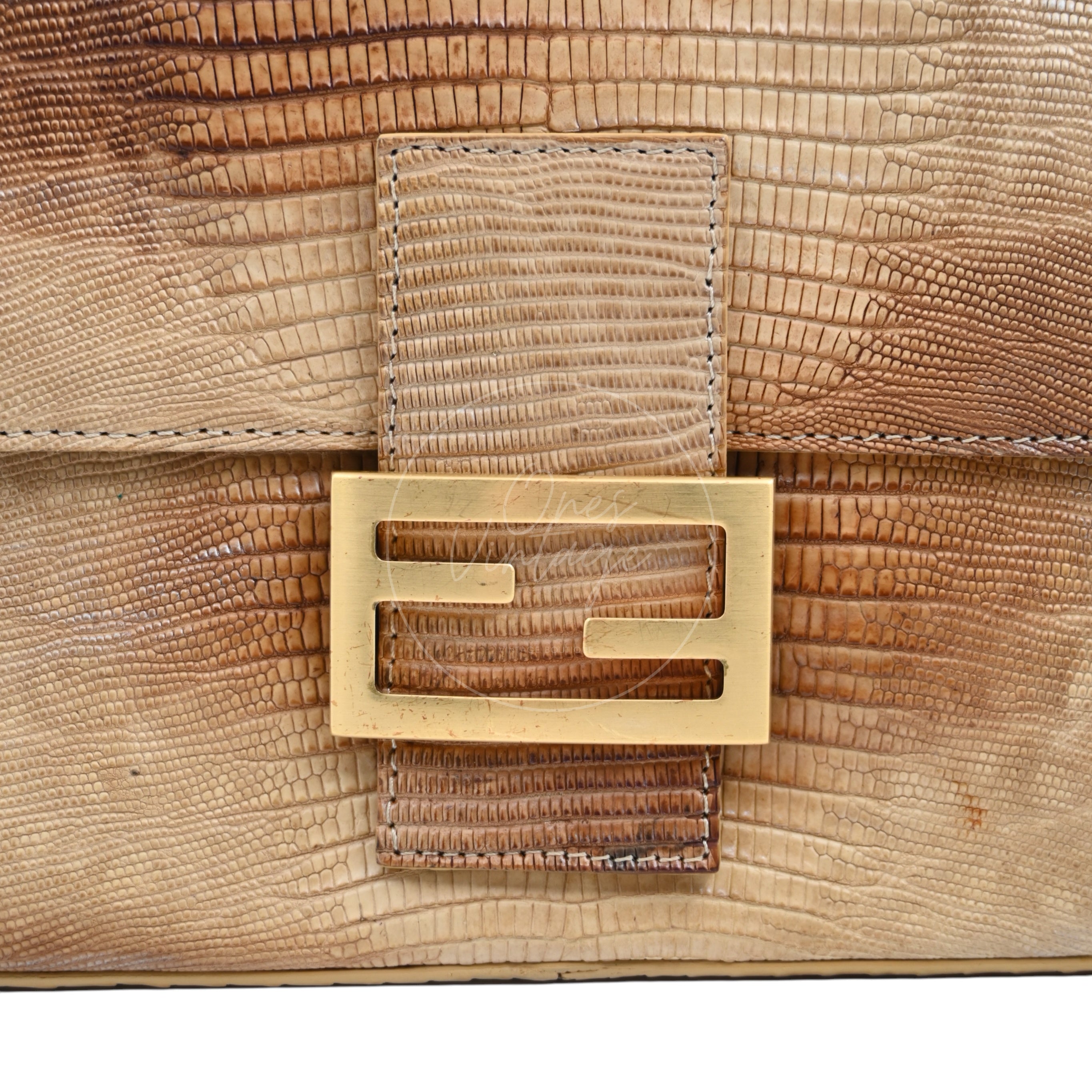 [Pre-owned] Fendi Lizard Baguette Brown & Beige GHW