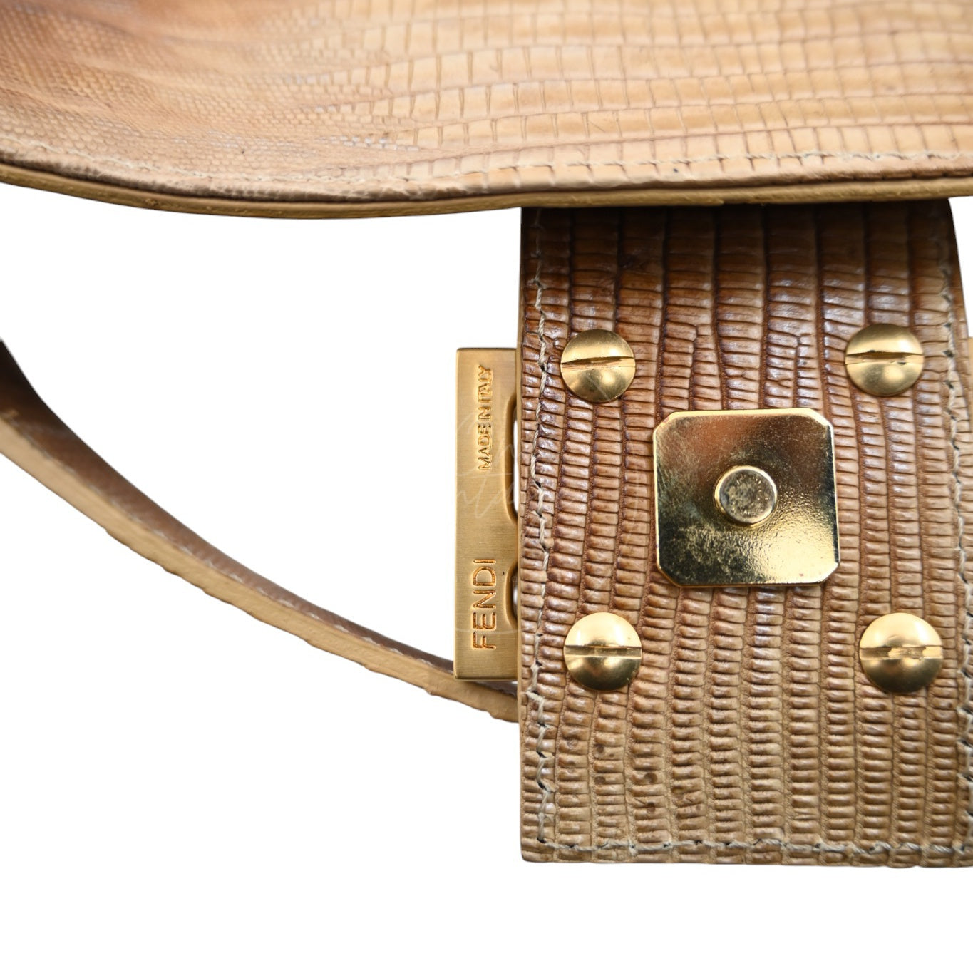 [Pre-owned] Fendi Lizard Baguette Brown & Beige GHW