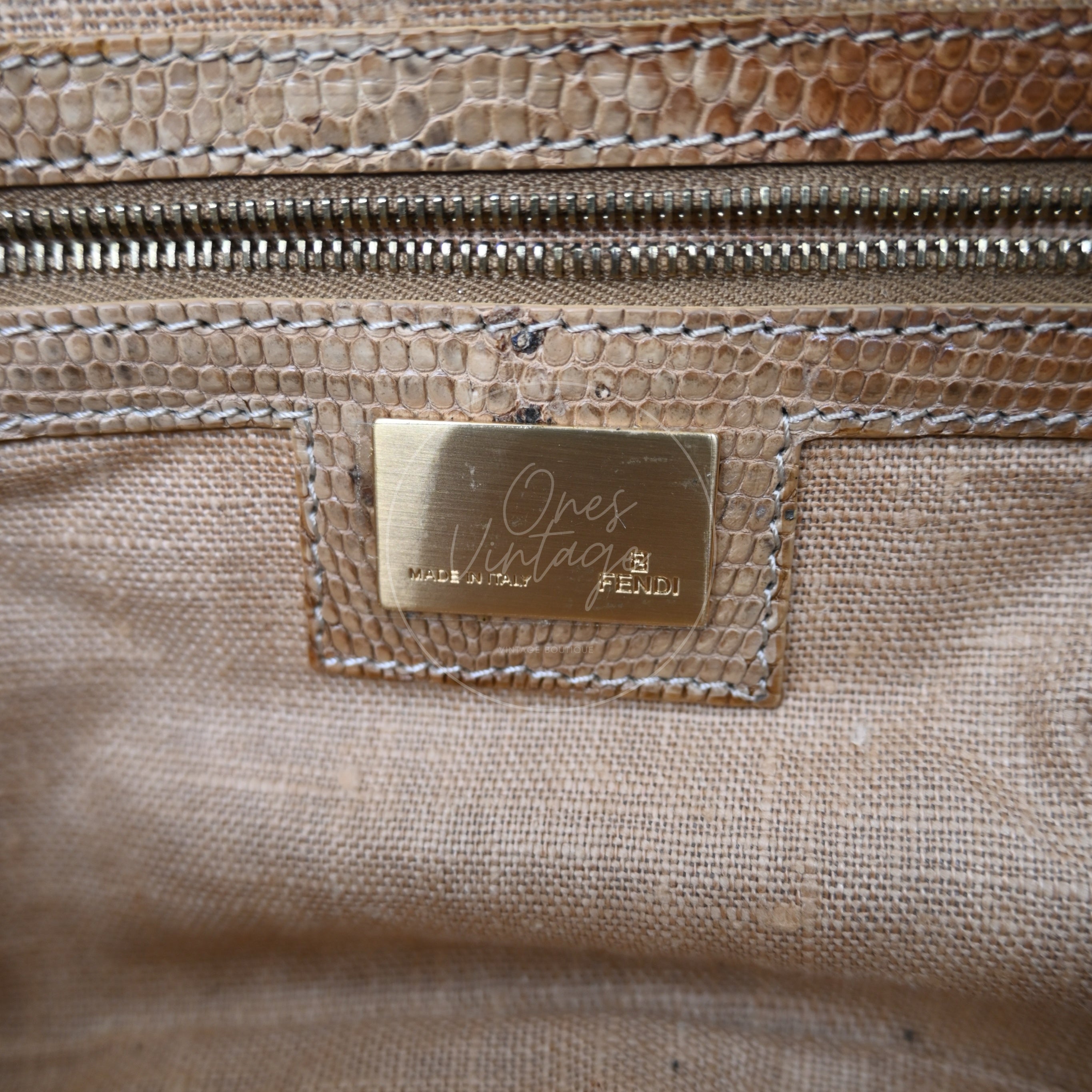 [Pre-owned] Fendi Lizard Baguette Brown & Beige GHW