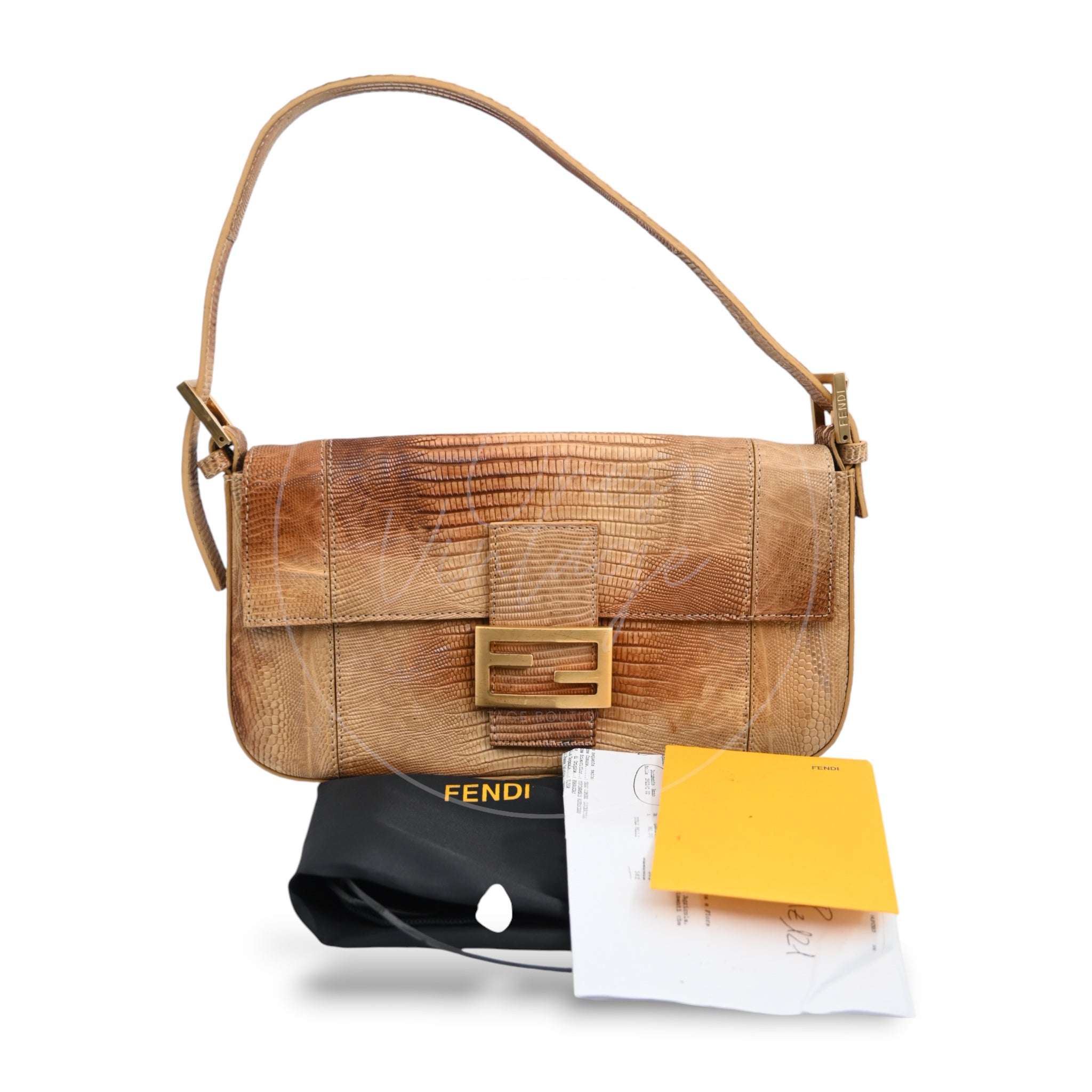 [Pre-owned] Fendi Lizard Baguette Brown & Beige GHW