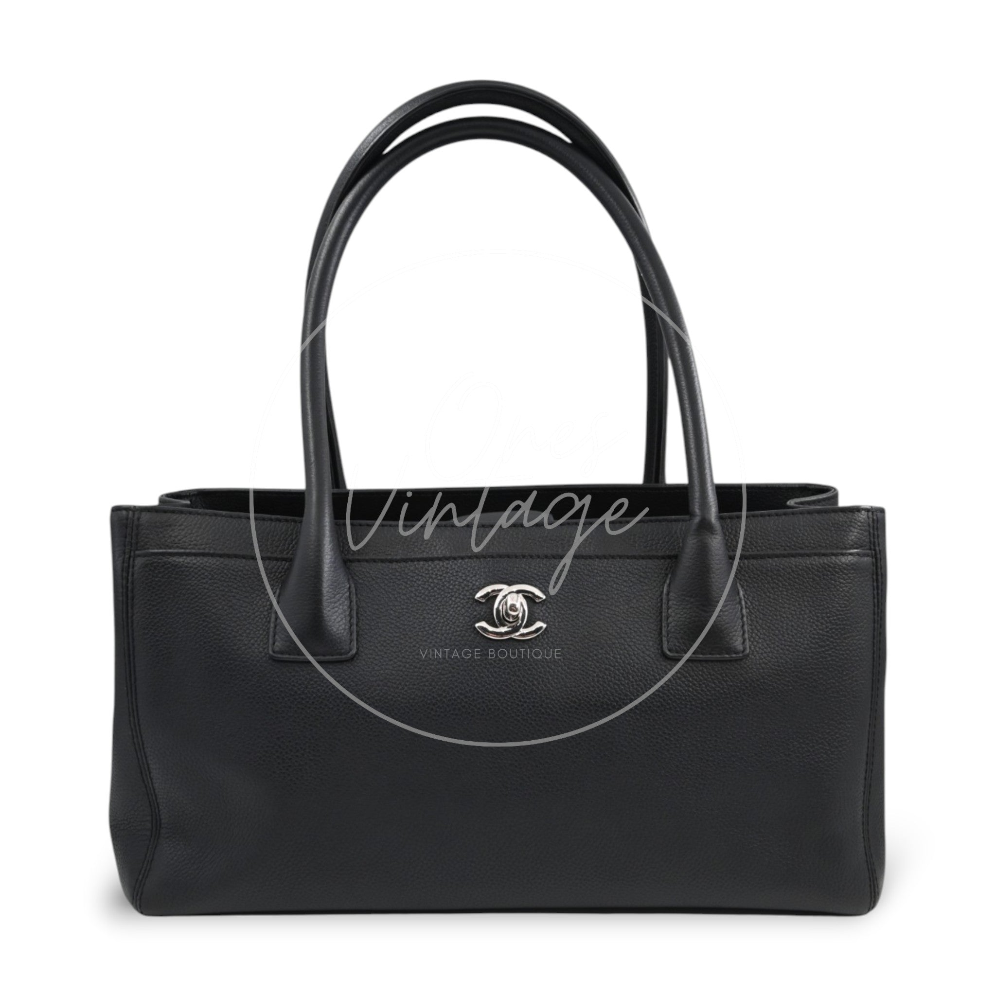 [Pre-Owned] Chanel Cerf Small Black Calfskin Tote Bag Silver-tone Hardware Series 18
