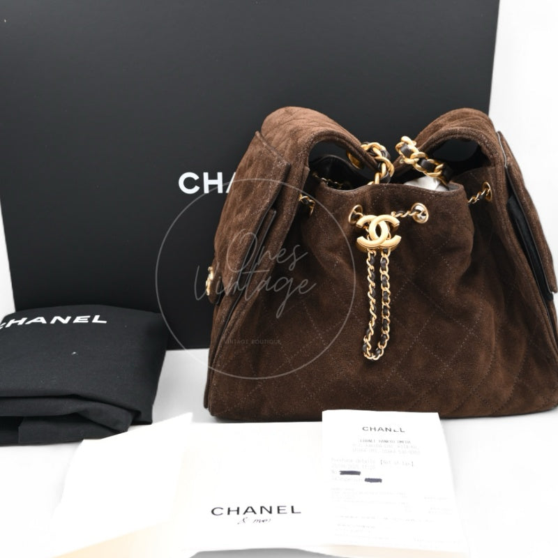 [Unused] Chanel 25 Suede Calfskin & Gold-tone Metal Dark Brown Small Handbag