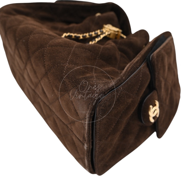 [Unused] Chanel 25 Suede Calfskin & Gold-tone Metal Dark Brown Small Handbag