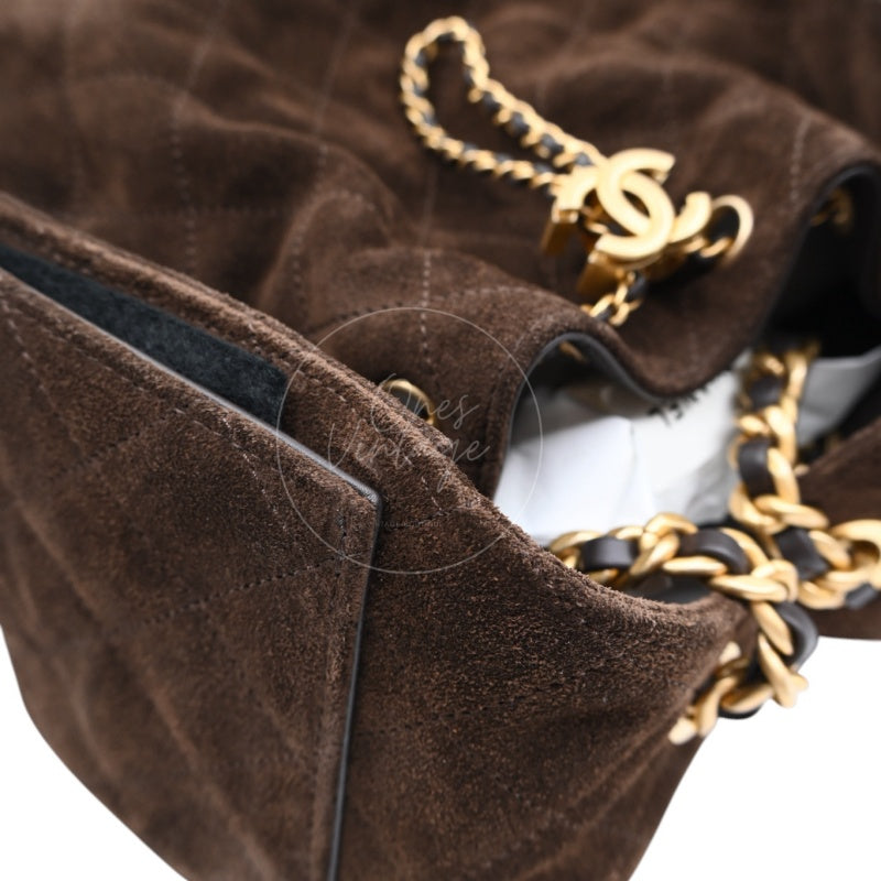 [Unused] Chanel 25 Suede Calfskin & Gold-tone Metal Dark Brown Small Handbag