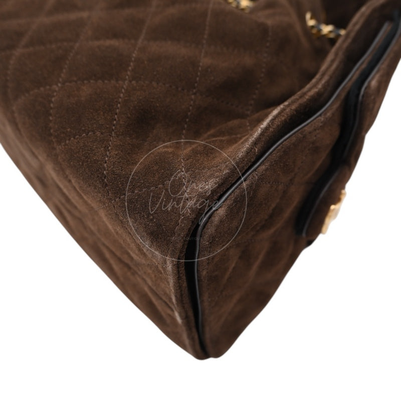 [Unused] Chanel 25 Suede Calfskin & Gold-tone Metal Dark Brown Small Handbag
