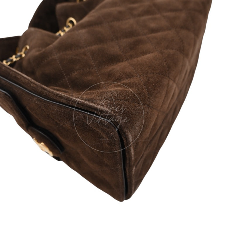 [Unused] Chanel 25 Suede Calfskin & Gold-tone Metal Dark Brown Small Handbag