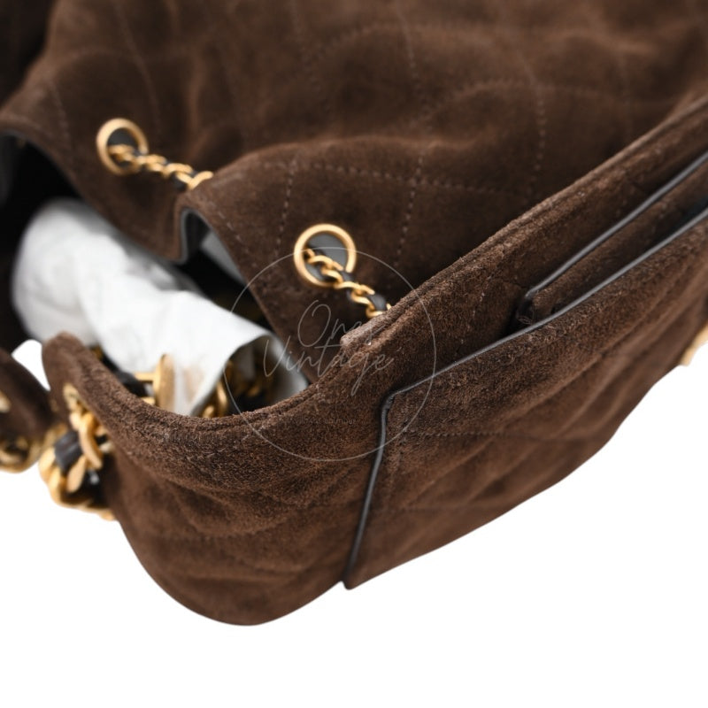 [Unused] Chanel 25 Suede Calfskin & Gold-tone Metal Dark Brown Small Handbag