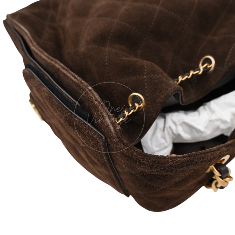 [Unused] Chanel 25 Suede Calfskin & Gold-tone Metal Dark Brown Small Handbag