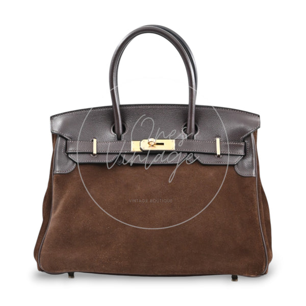 Hermès Birkin 30 in brown Grizzly suede and leather with gold-tone hardware, Square P stamp, front view with double handles