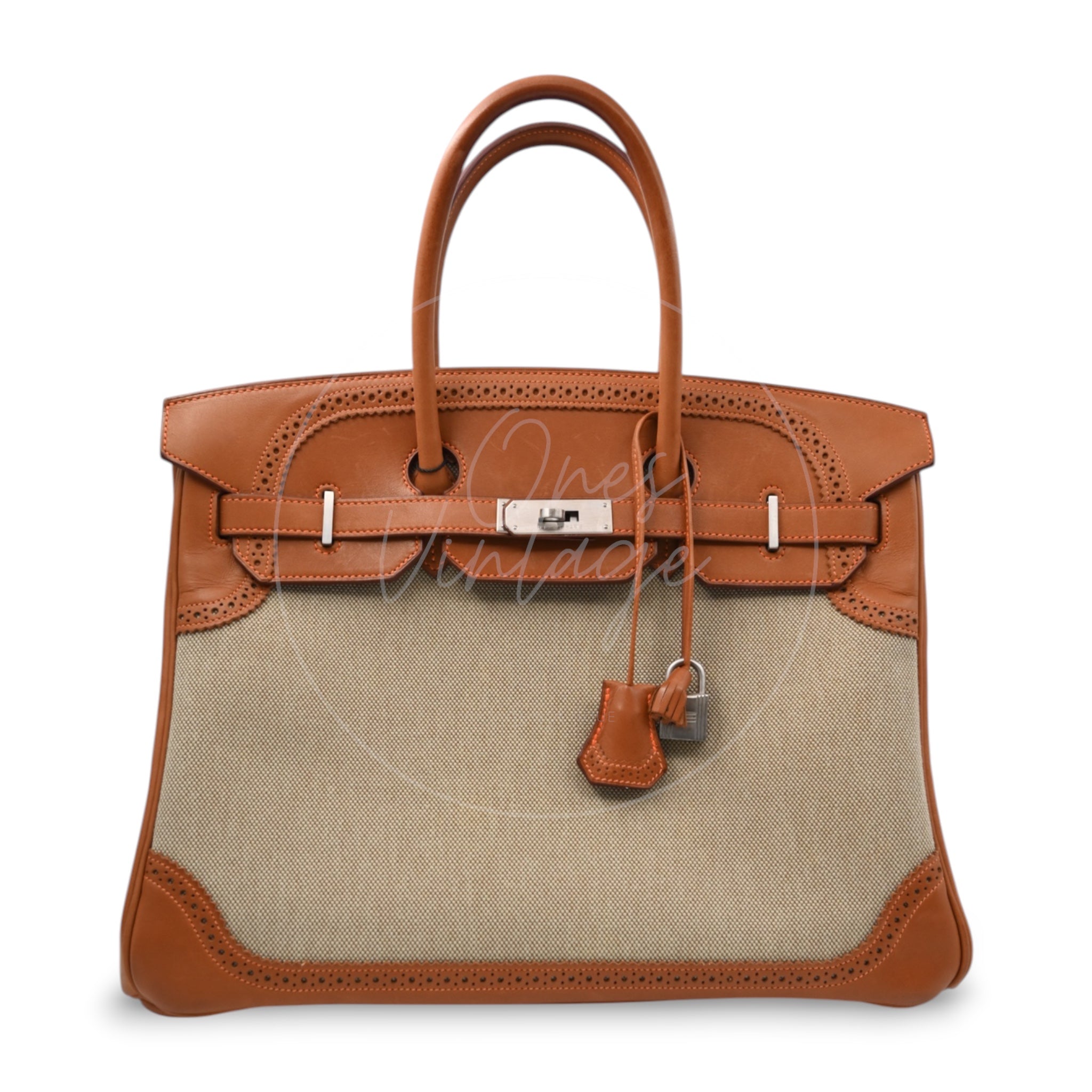 [Pre-owned] Hermes Birkin 35 Naturel Barenia and Ficelle Toile Ghillies PHW Stamp Square P