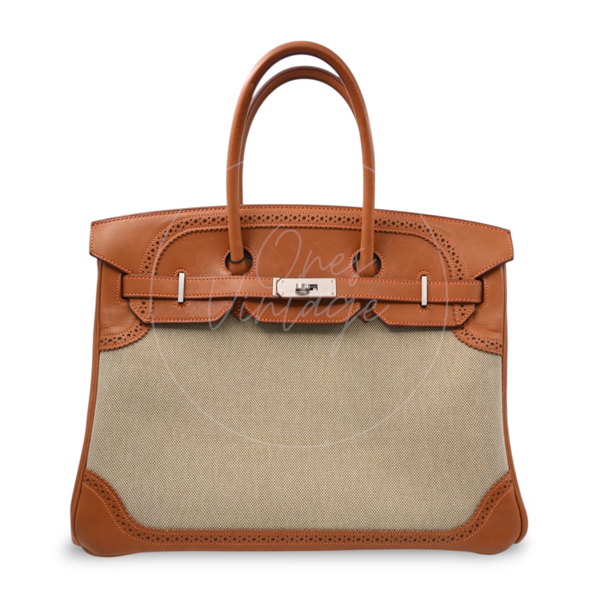 [Pre-owned] Hermes Birkin 35 Naturel Barenia and Ficelle Toile Ghillies PHW Stamp Square P