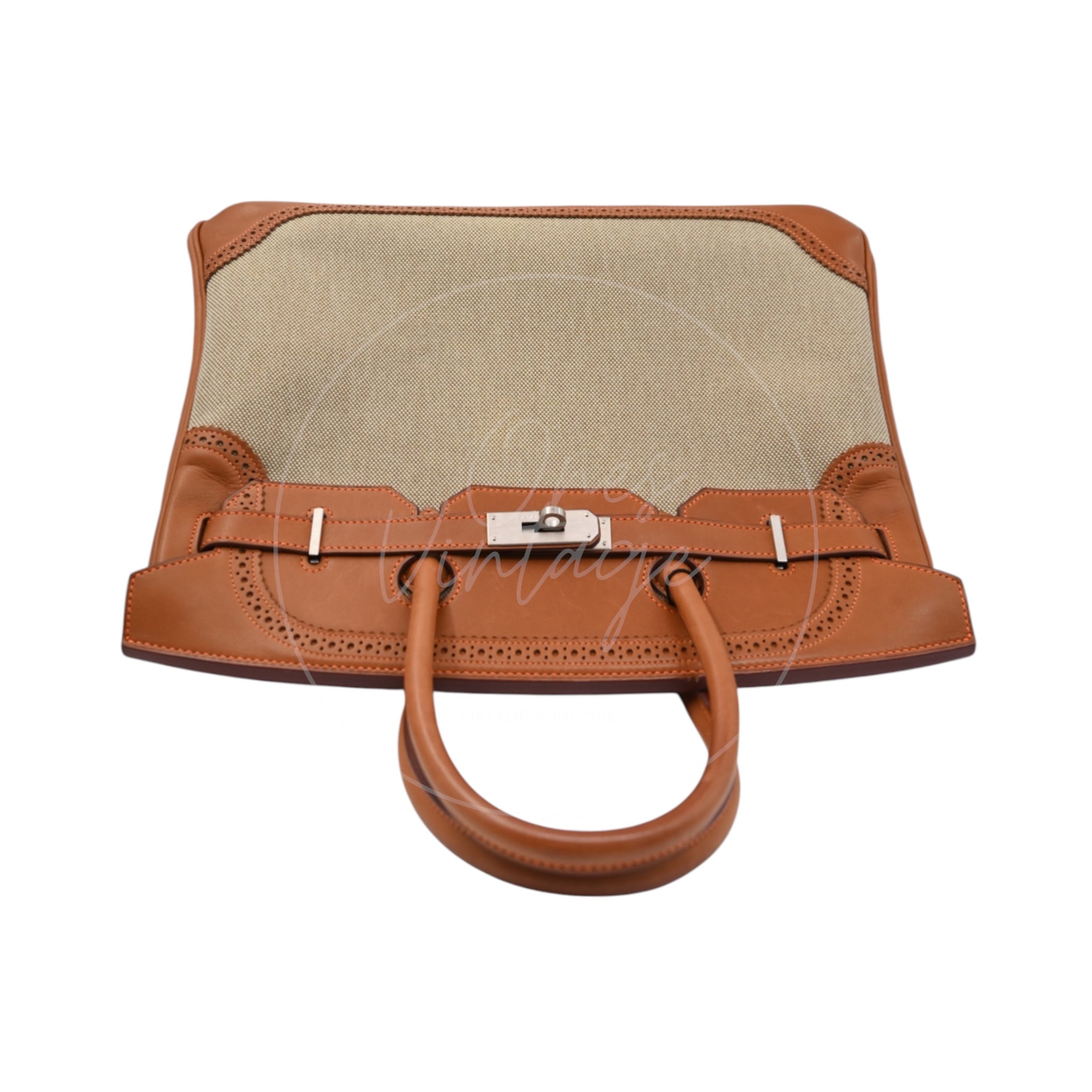 [Pre-owned] Hermes Birkin 35 Naturel Barenia and Ficelle Toile Ghillies PHW Stamp Square P