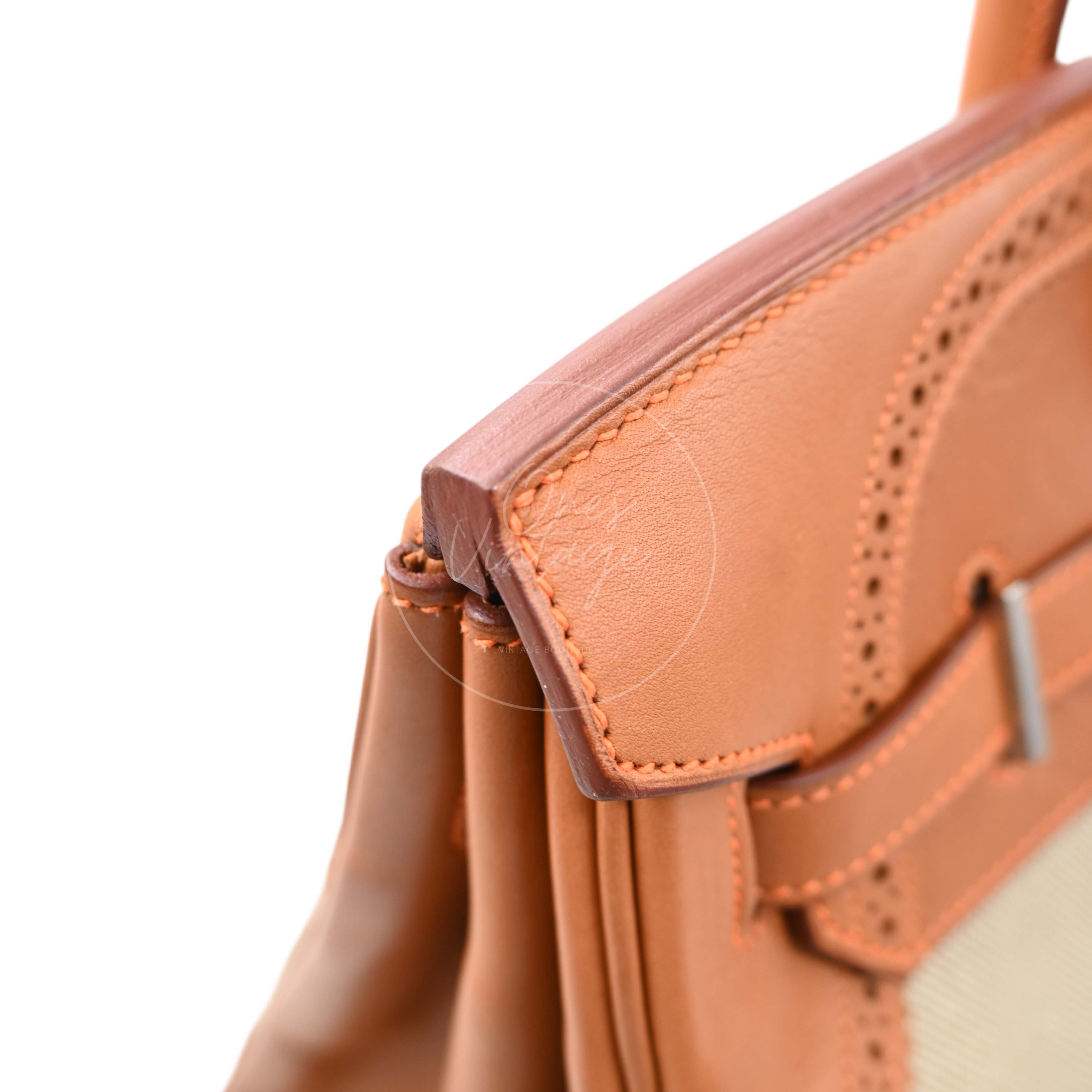 [Pre-owned] Hermes Birkin 35 Naturel Barenia and Ficelle Toile Ghillies PHW Stamp Square P