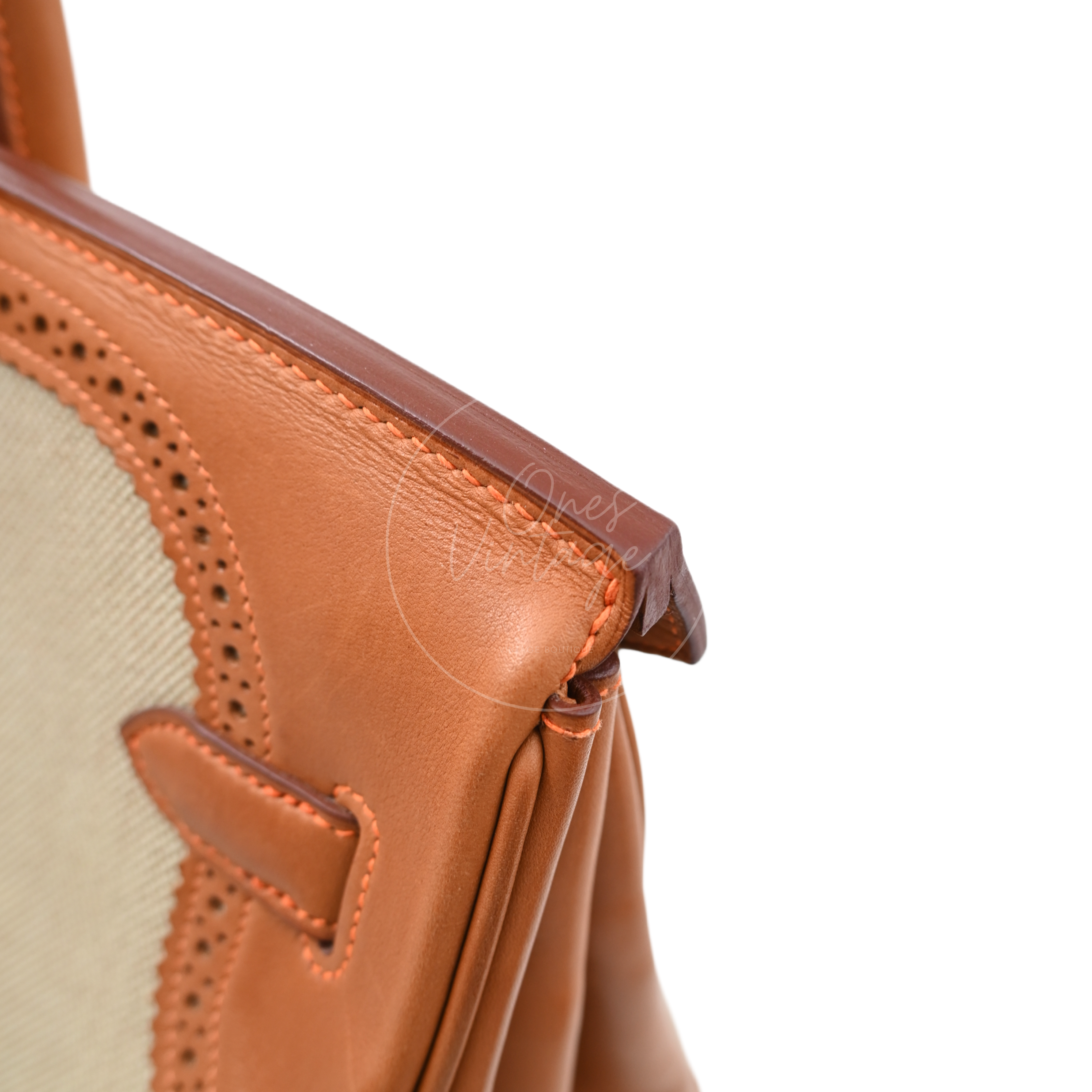[Pre-owned] Hermes Birkin 35 Naturel Barenia and Ficelle Toile Ghillies PHW Stamp Square P