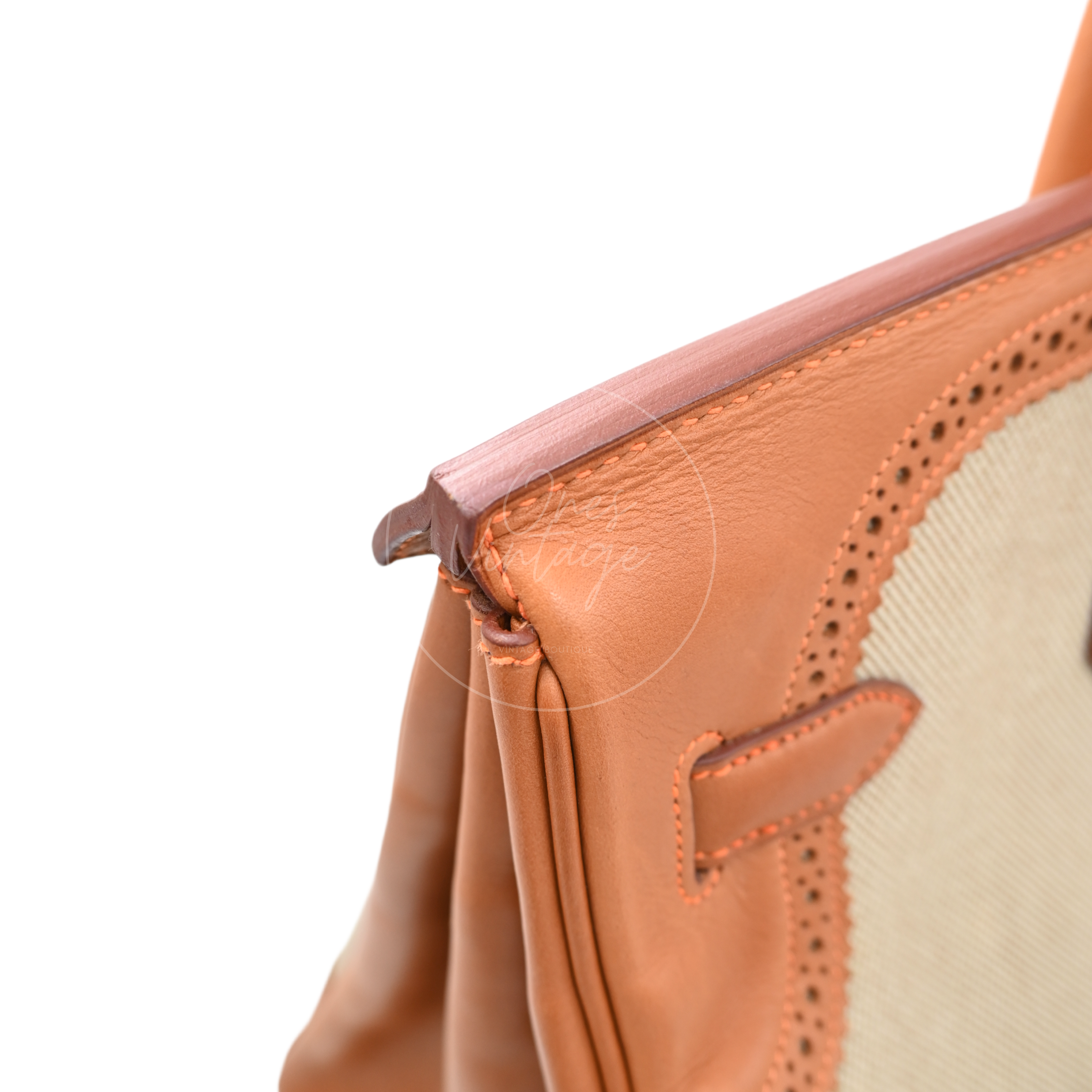 [Pre-owned] Hermes Birkin 35 Naturel Barenia and Ficelle Toile Ghillies PHW Stamp Square P