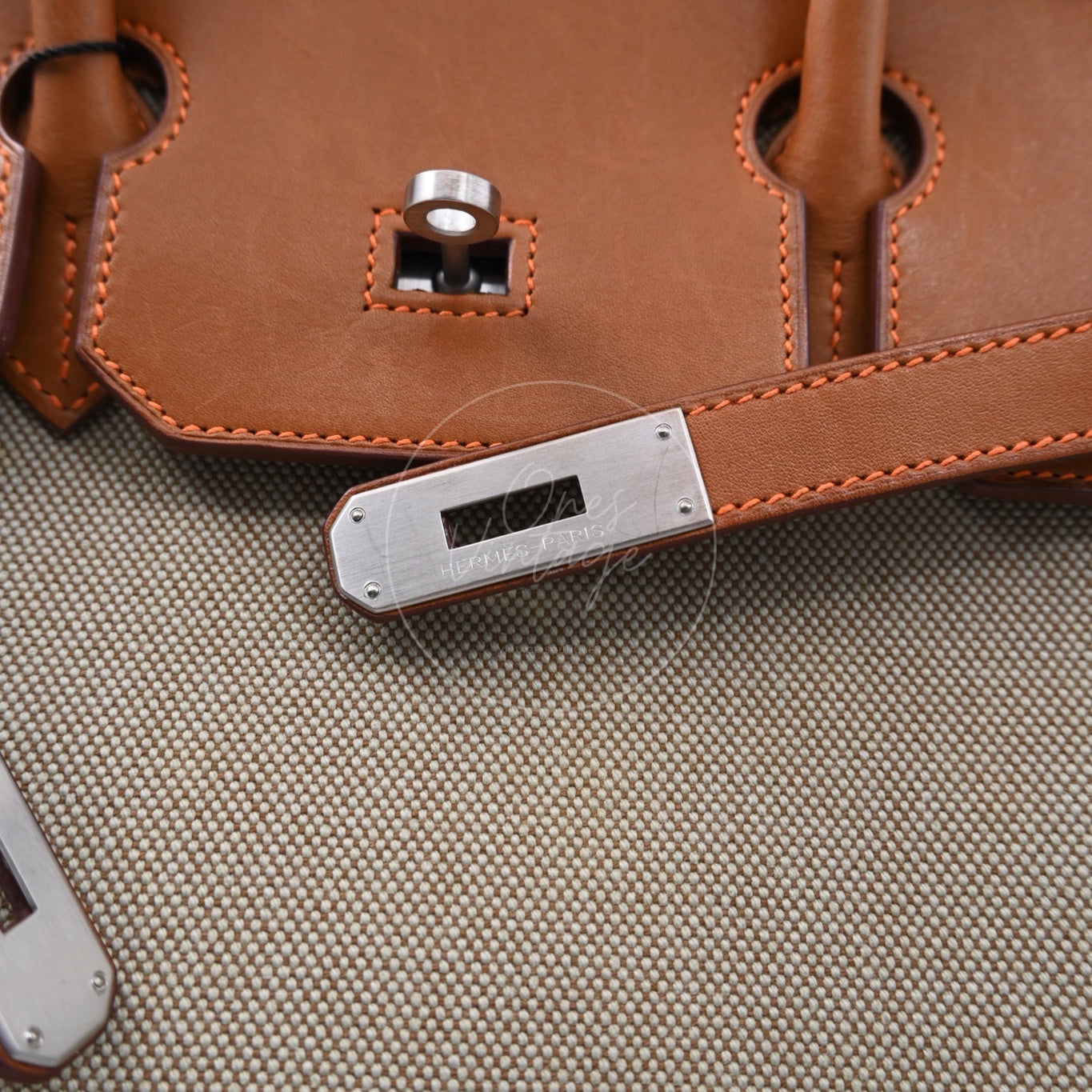 [Pre-owned] Hermes Birkin 35 Naturel Barenia and Ficelle Toile Ghillies PHW Stamp Square P