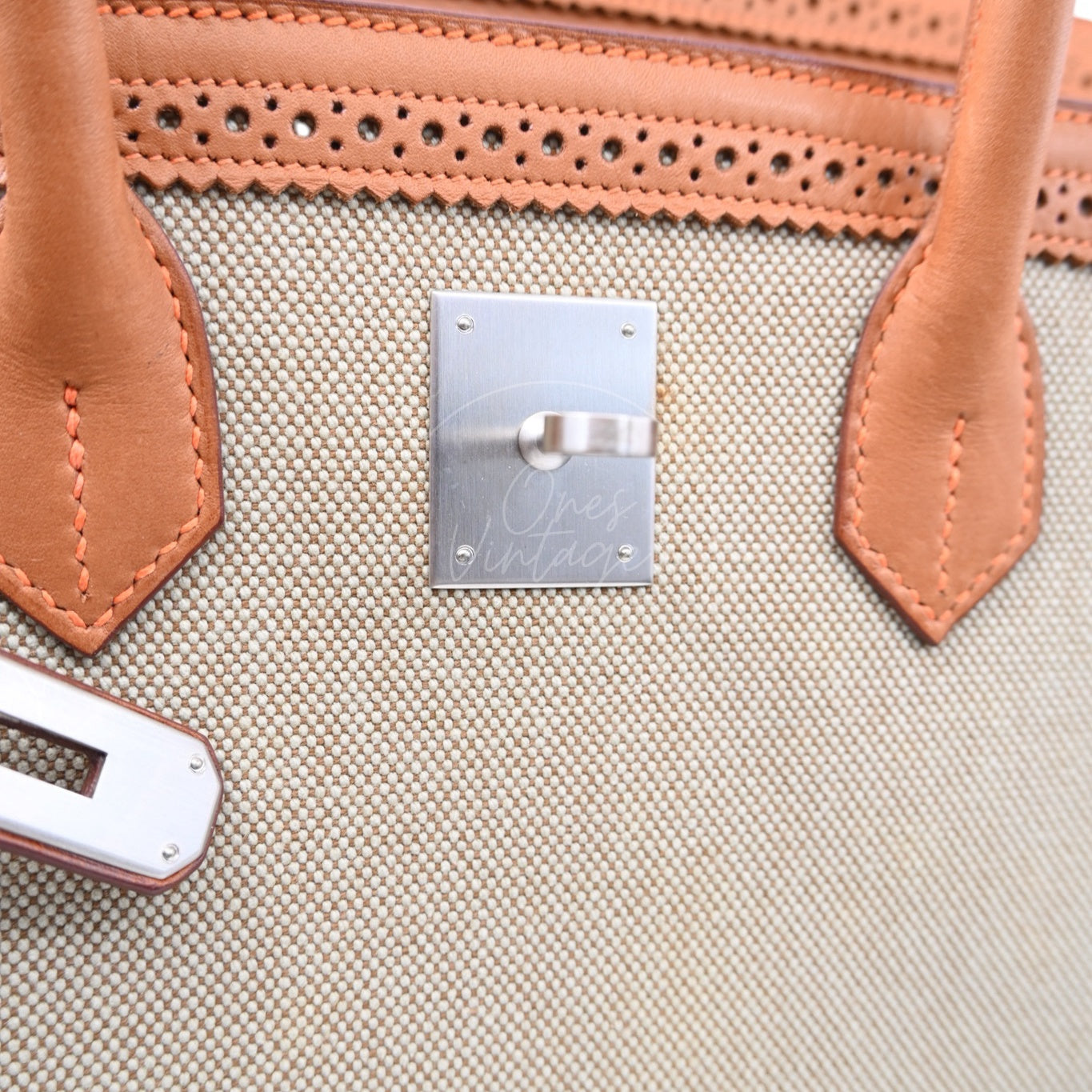 [Pre-owned] Hermes Birkin 35 Naturel Barenia and Ficelle Toile Ghillies PHW Stamp Square P