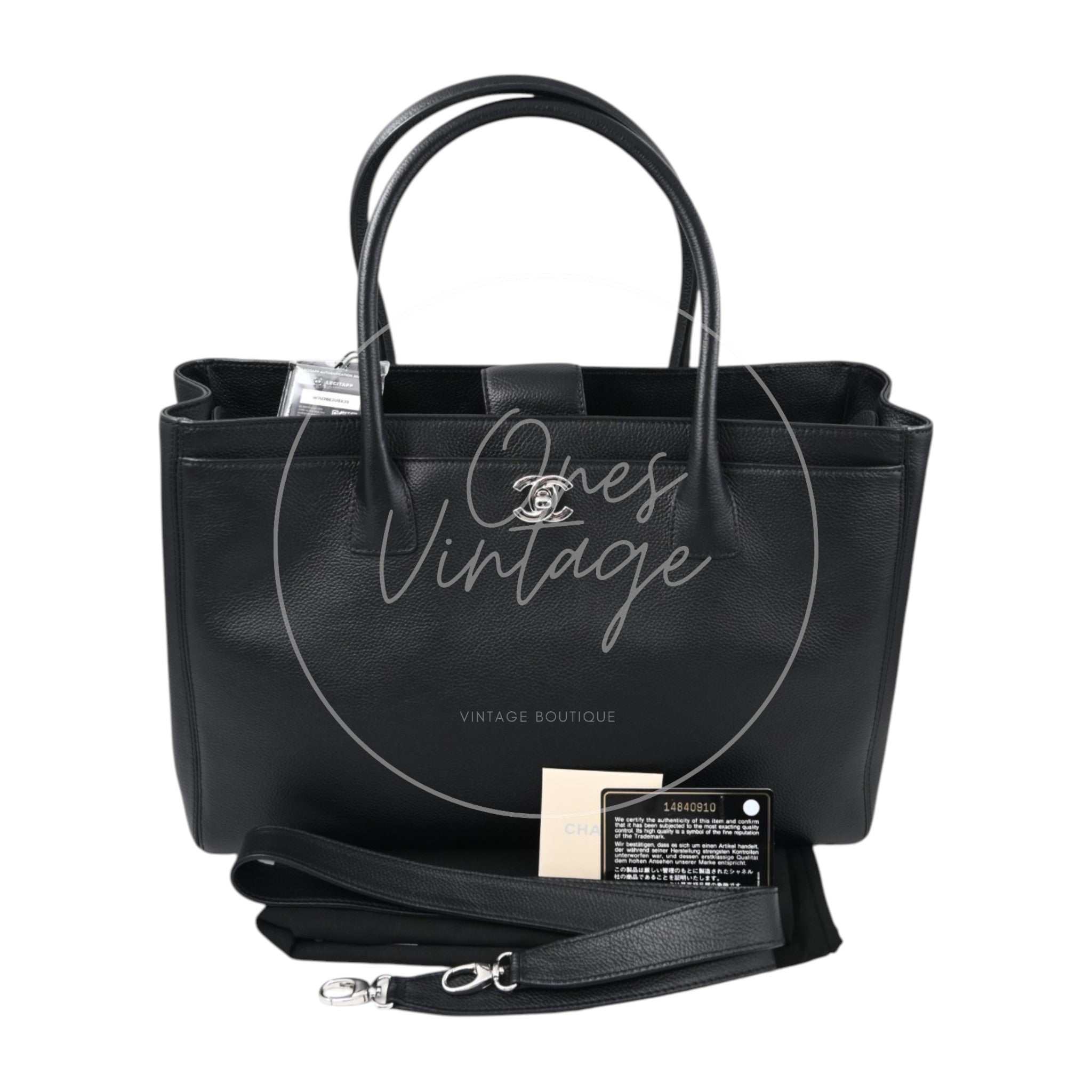 [Pre-owned] Chanel Cerf Small Black Calfskin Tote Bag Silver-tone Hardware Series 14